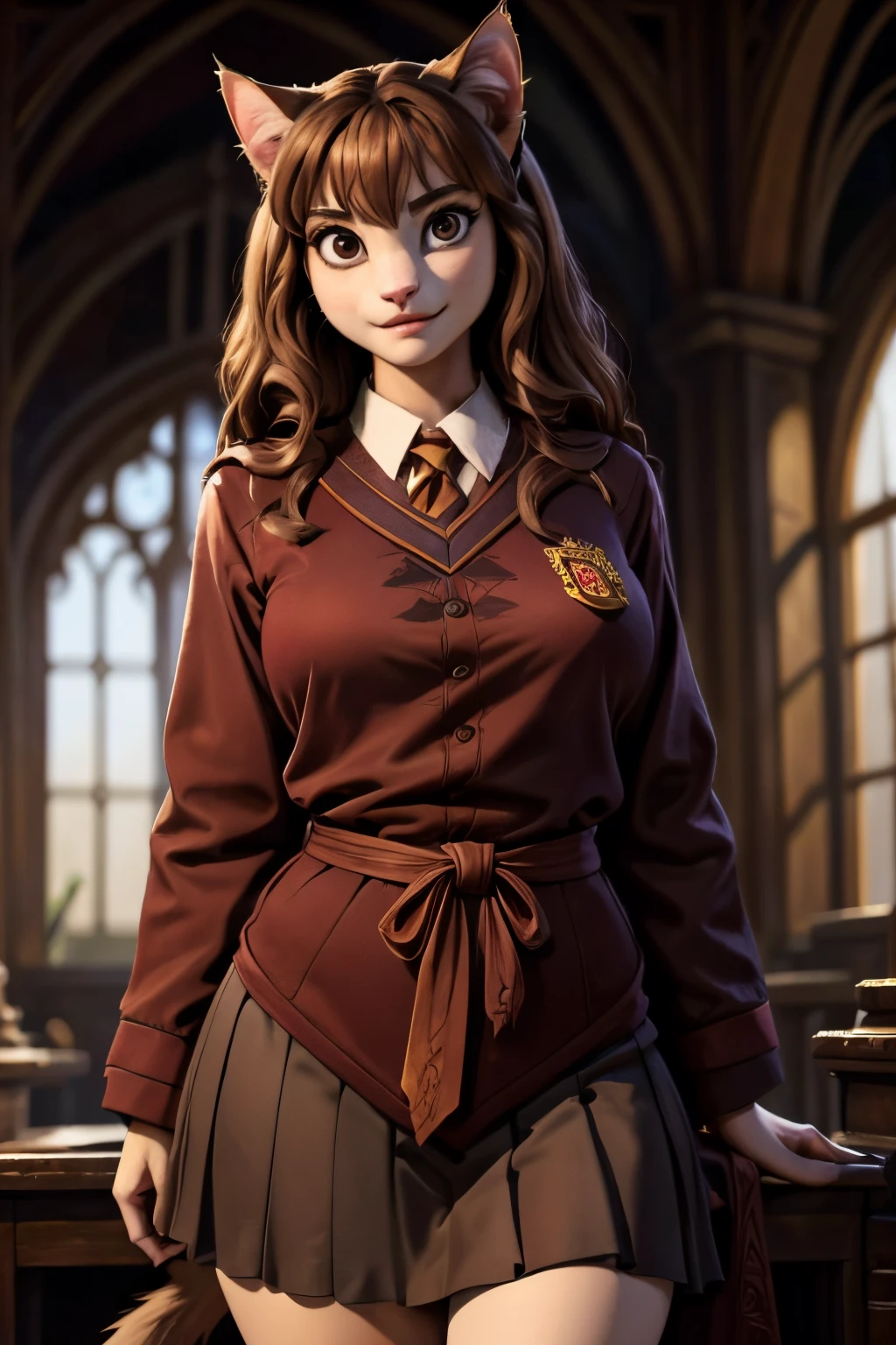 ((ultra quality)), ((tmasterpiece)), Hermione Granger cat, ((there are only cat ears)), ((there is a cat&#39;s tail in the back)) (brown-haired woman, hairlong), (Beautiful cute face), (beautiful female lips), Charming, (cat nose), ((seductive expression)), is looking at the camera, eyes are slightly closed, ((skin color brown)), Body glare, ((detailed beautiful female eyes)), ((dark brown eyes)), (juicy female lips), (beautiful female hands), ((perfect female figure)), perfect female body, Beautiful waist, black claws, gorgeous big thighs, beautiful breasts, ((Subtle and beautiful)), seductively worth it, (Hogwarts school uniform, Gryffindor robe), background: women&#39;s toilet, ((Depth of field)), ((high quality clear image)), (crisp details), ((higly detailed)), Realistic, Professional Photo Session, ((Clear Focus)), the anime