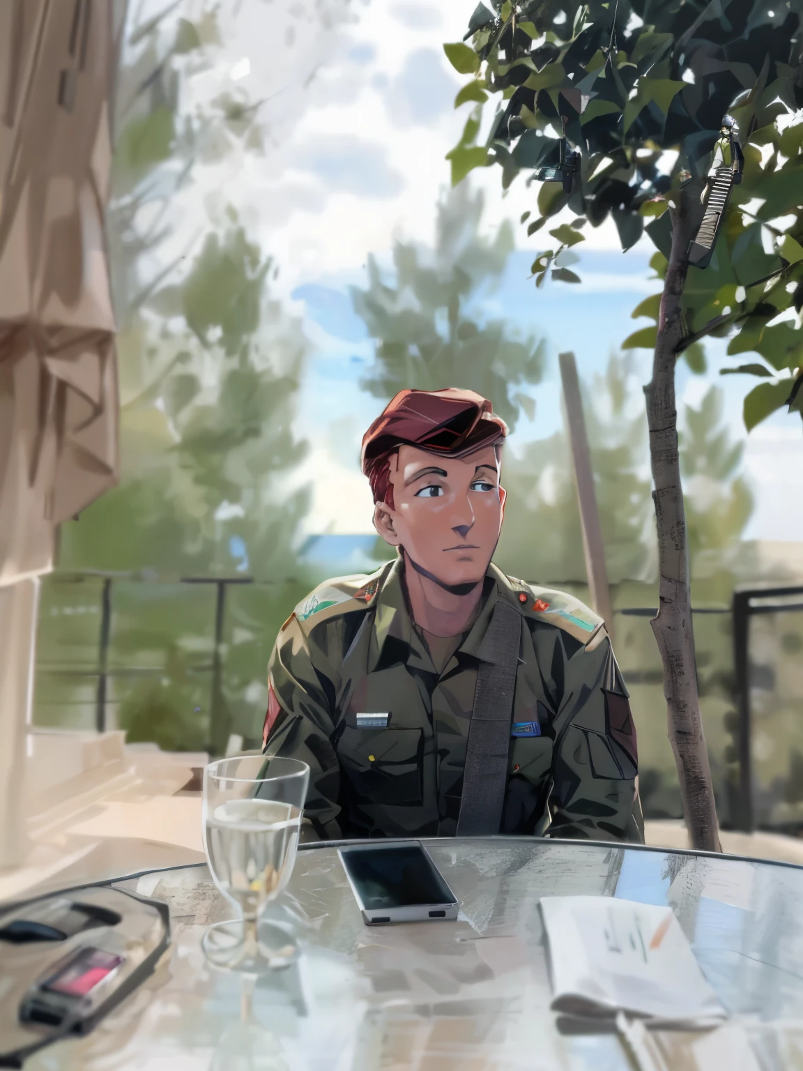 there is a commander on the IDF sitting at a table with a cell phone, his face should be based on the picture and his body looks like “johny bravo” cartoon from cartoon network tv channel