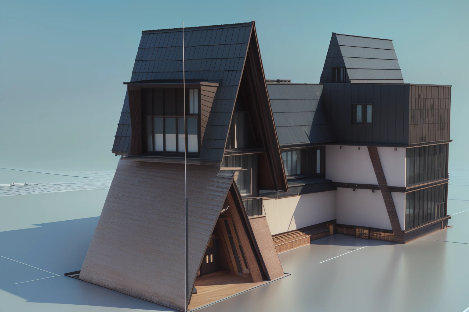 a close up of a building with a window and a roof, concept house, sketch - up, front perspective, detail render, front-view, extremely detailed frontal angle, 3/4 view, 3 / 4 view, rendered 3d model, front top side view, mid-view, front symetrical, zoomed out view, front view, with 3 d render more landscape, sky, tree around