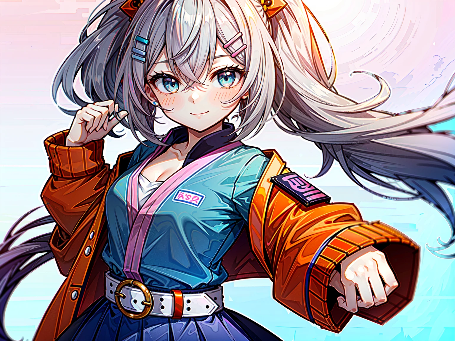 1girl, (solo:1.6), female focus, female, girl, masterpiece, best quality, high quality, (gray hair color:1.3), long hair, wavy hair, hair between the eyes, (low pigtails:1.25), (blue eye color:1.3), looking at viewer, flatchested, shut up, closed mouth, light smile, smile, smiling, (light blue shirt:1.3), (orange and pink haori, orange and pink jacket, orange and pink hip-length jacket:1.5), (blue hairclips, light blue skirt, purple belt:1.75), thin body, (tan skin:1.5), colored skin, (white background:1.65), (upperbody, half-body adaptable, upper-body, head, chest, close-up, character in frame:1.5), perfect hands, ((middle-centered)), (wallpaper:1.85)