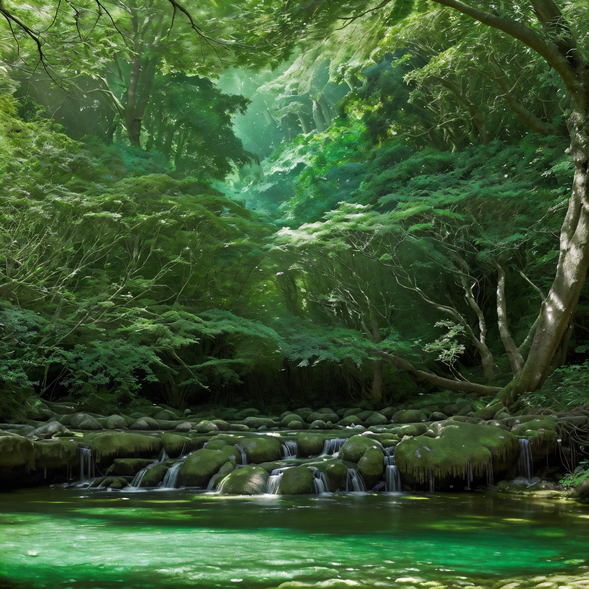Tranquil woodland streams flow peacefully through the picturesque forest, their gentle currents meandering serenely amidst a vibrant tapestry of ancient trees and lush vegetation. This breathtaking photograph captures the essence of nature's tranquility, with crystal-clear waters glimmering under the dappled sunlight that filters through the dense canopy above. The image boasts impeccable clarity and exquisite composition, each detail meticulously preserved in stunning high definition. It transports viewers to a place of unparalleled serenity, inviting them to immerse themselves in the beauty and harmony of this idyllic natural setting.
