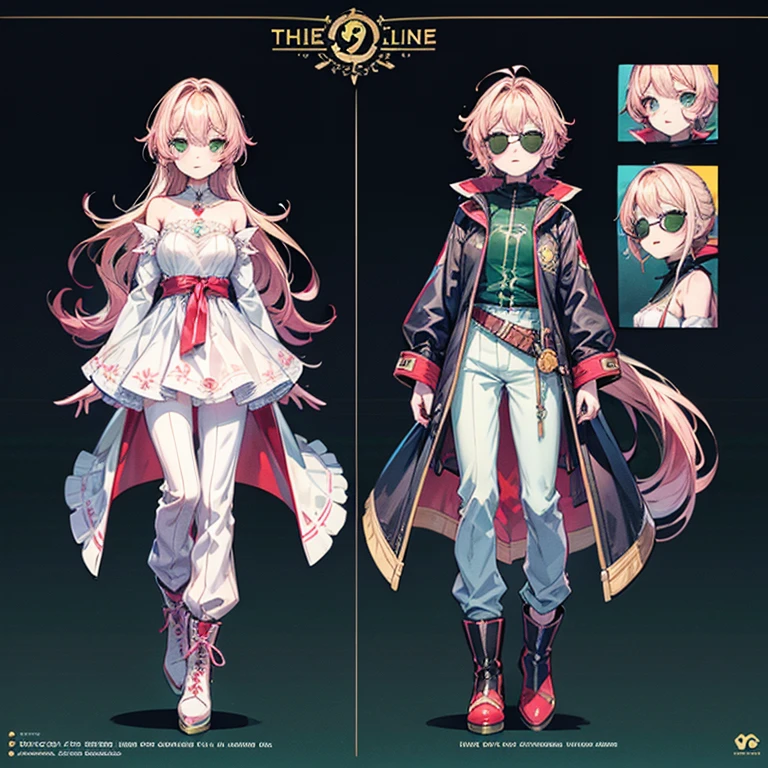 Character Sheets, Three types，Shot Full Body，Game Character Design，than a small flying moon，Girl in sunglasses and beans，Victorizo ∨TSE∨，Orange background,Stylistic expression, Character Sheets, Three types，Shot Full Body，Game Character Design，Victorizo ∨TSE∨,Stylistic expression, pastel colours, Green, Toxic Green, absurdress, Full of Details,petite girl, redhead hair, robot horse,Type sheet, Character Sheets, Three types，Shot Full Body，Game Character Design，than a little flying moon，Girl in sunglasses and beans，Victorizo ∨TSE∨，Stylistic expression, inspired by Alphonse Mucha, A lot of style, flat shading flies, Abstract art, neon colors, neon green, baggy clothes, ，windproof boots，baggy trousers, official arts, Line chart sketch, symbol-shaped pupils,luna. bouquet, Separating elements), watercolour,illustartion,Realistic,Harmonious colours,natural lighting, vine、cowboy shot, , Sleeves, Trimmed with ribbons,Detailed Face, Hot pink, long pink hair,