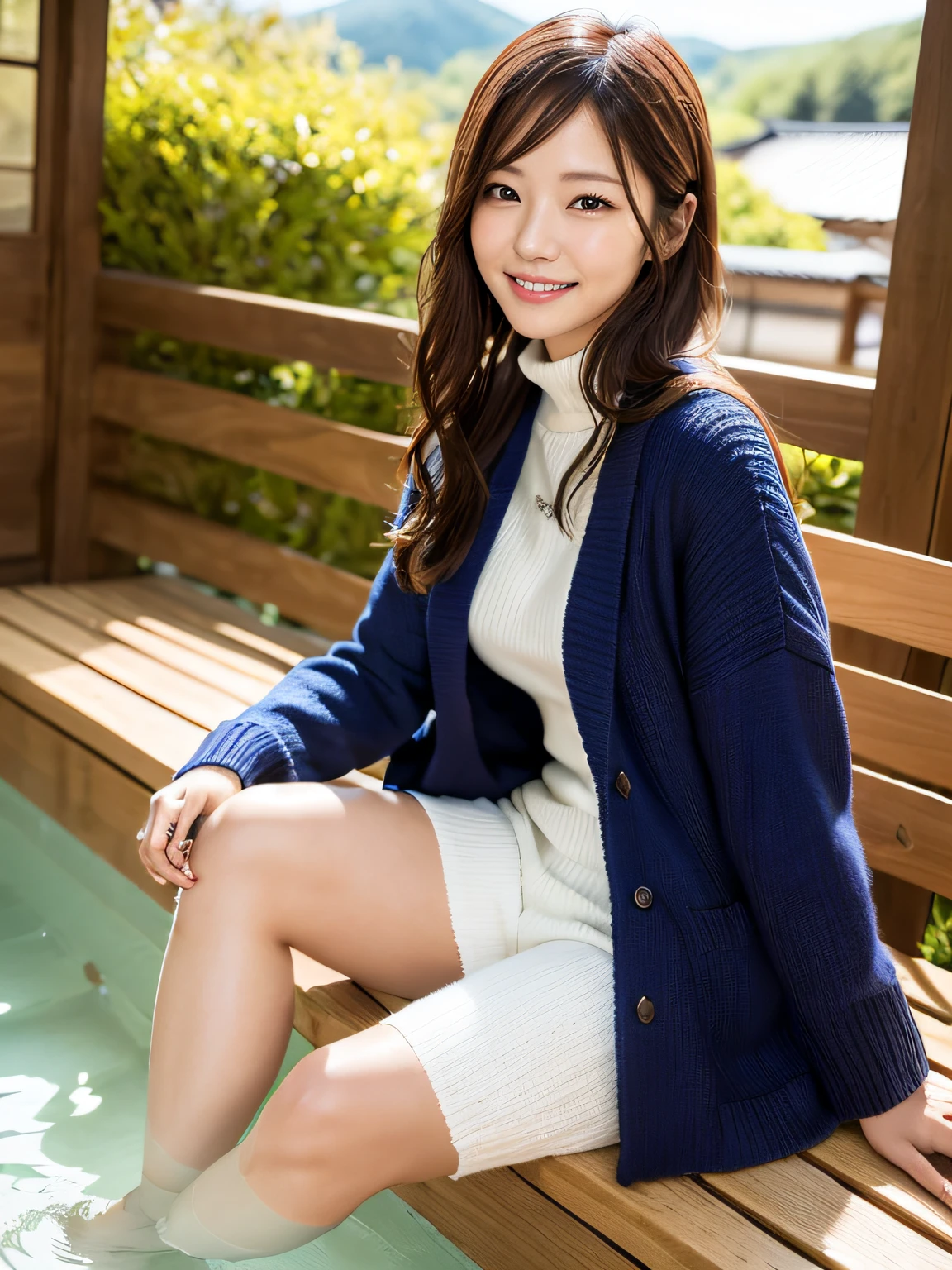 (masutepiece:1.3), High resolution, ultra-detailliert, the Extremely Detailed CG Unity 8K Wallpapers, Realistic, Photorealsitic, Raw photo, (beautifull detailed face), pale skin, Realistic skin, Detailed Cloth Texture, detailed hair texture, Perfect body, Beautiful face, 准确, Anatomically correct, Highly detailed face and skin texture, Natural neck length, (Beautiful hands), (Fair skin:1.2), thin legs, Thin feet, Sexy thighs,
BREAK
(Beautiful detailed eyes), Symmetrical eyes, Brown eyes, Double eyelids, Thin eyebrows, (Glossy lips:1.4), (Pretty smile:1.2),
BREAK
(a very pretty girl:1.3), ((Wearing a royal blue long knit coat over a white sweater)):1.3, (denim hot-pants:1.2), (Barefoot),
medium large breasts, (firm breasts, nice shaped breasts, Slender figure:1.1),
(dark brown hair, Wavy Hair), ((Medium Hair:1.2)), ((side swept bangs:1.2)),
BREAK
((Put your feet in the footbath and sit on the bench:1.3)),
((Japanese「Hakone」In the open-air foot bath of:1.2)), (Cowboy Shot:1.2), (Look up with your gaze:1.2), (From Side:1.1),