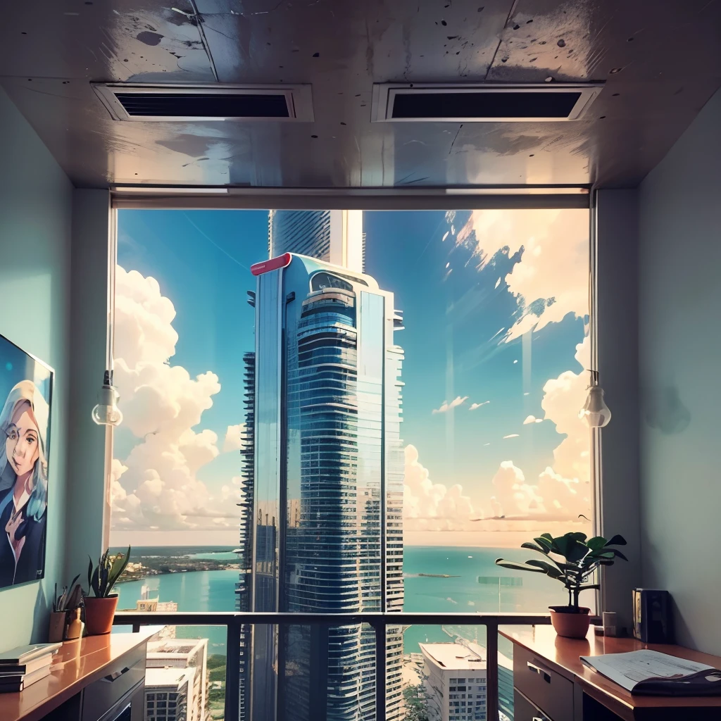 best quality, masterpiece, Miami city, power of gigantism, A 100 meter tall woman waves to the camera inside the room of a building. 2D style, cartoon/manga/comic. --auto --s2