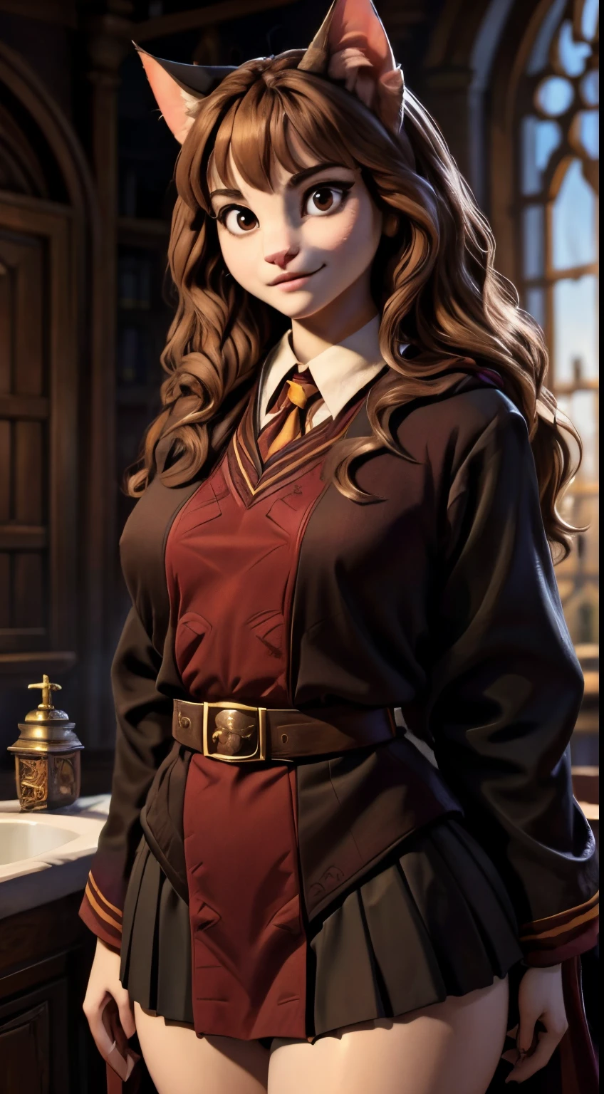 ((ultra quality)), ((tmasterpiece)), Hermione Granger cat, ((there are only cat ears)), ((there is a cat&#39;s tail in the back)) (brown-haired woman, hairlong), (Beautiful cute face), (beautiful female lips), Charming, (cat nose), ((seductive expression)), is looking at the camera, eyes are slightly closed, ((skin color brown)), Body glare, ((detailed beautiful female eyes)), ((dark brown eyes)), (juicy female lips), (beautiful female hands), ((perfect female figure)), perfect female body, Beautiful waist, black claws, gorgeous big thighs, beautiful breasts, ((Subtle and beautiful)), seductively worth it, (Hogwarts school uniform, Gryffindor robe), background: women&#39;s toilet, ((Depth of field)), ((high quality clear image)), (crisp details), ((higly detailed)), Realistic, Professional Photo Session, ((Clear Focus)), the anime