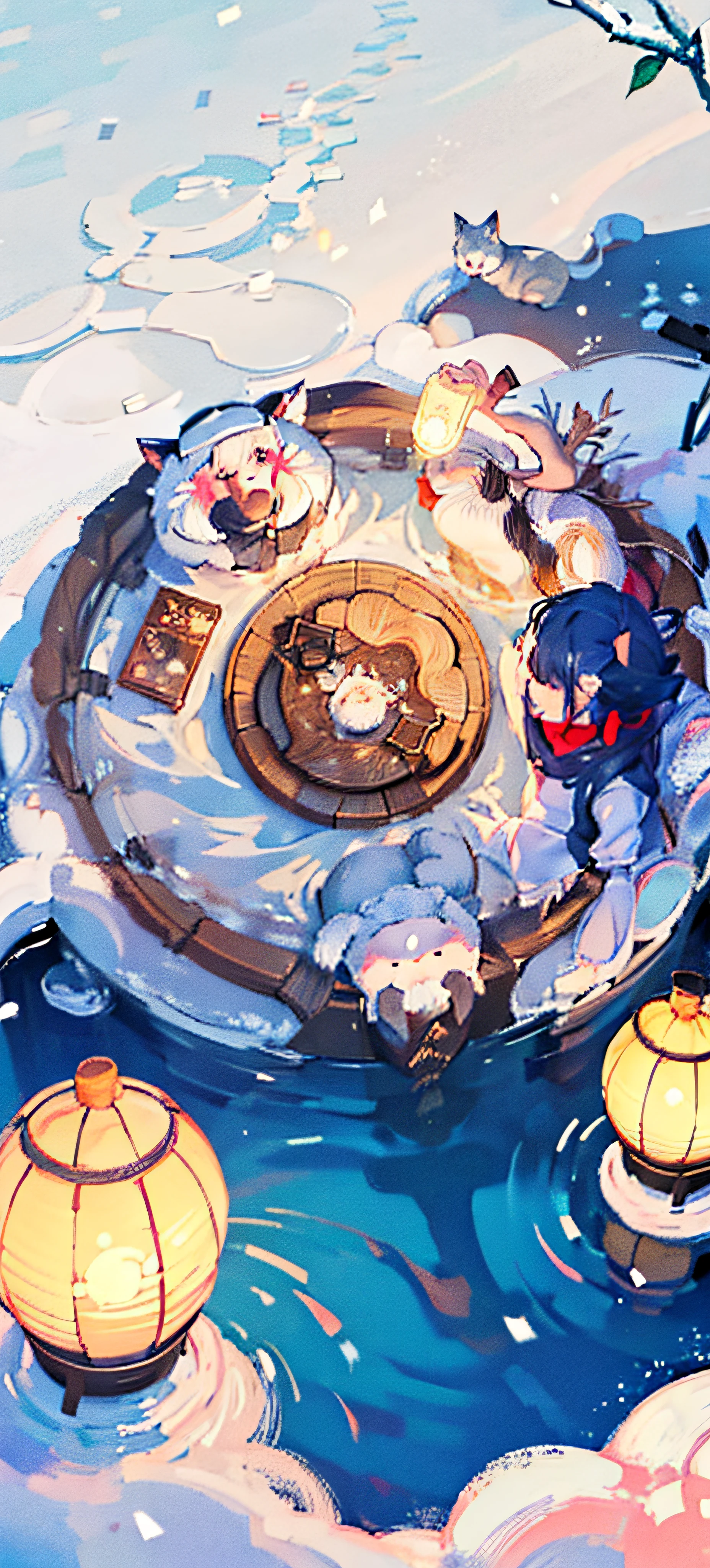 Three dolls bathing in hot spring, drink tea and eat, yuki, Falling snowflakes, bamboos, zaun, snow cover, hot onsen, Cat and rabbit leave footprints in the snow, Lanterns give off a warm glow, Misty hot spring pool, Looks warm. Comfortable warm and cold contrast color combination