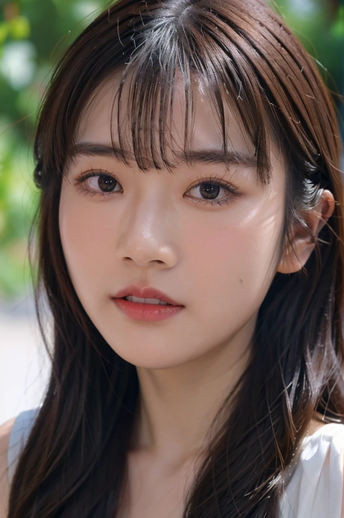 A photo portrait of a Japanese cute girl.beautiful.kawaiilike idol.brown long hair.Her bangs are parted and her forehead is exposed.symmetrical face.front facing.front facing.looking at camera. studio lighting, 8k. Dramatic, professional photography, UHD,photorealistic.35mmlens,f/1.8,