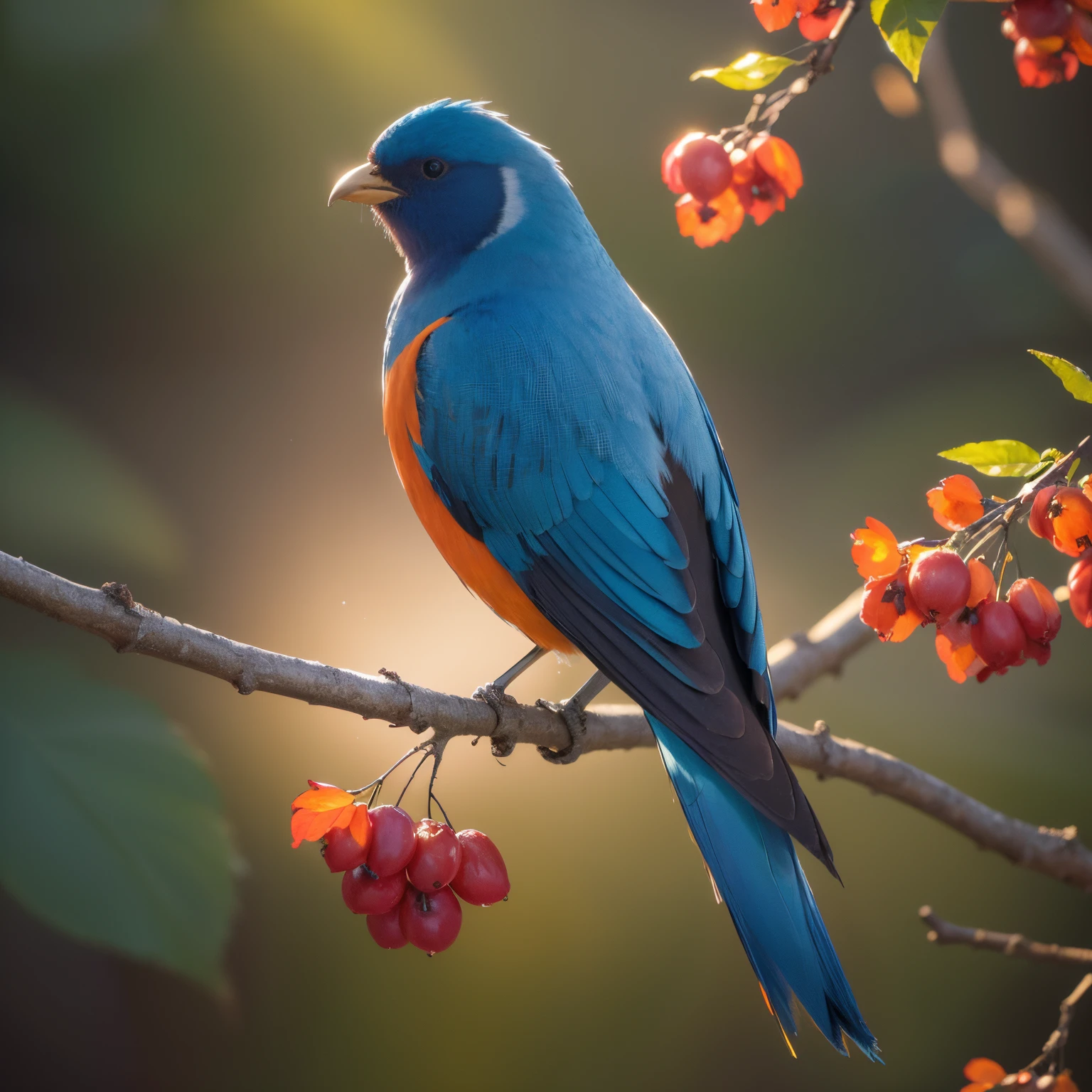 (masterpiece, best quality, highres, ultra-detailed, realistic:1.37), vibrant colors, soft lighting, oil painting, bird, wintersweet trees, blue and orange plumage, cold morning, dawn here is a high quality、Lots of detail, Realistic design, Paintings with rich oil painting effect，describes a beautiful bird。On screen，The cold morning is about to dawn，A bird with blue and orange feathers stands on a plum branch。The light in the picture is soft，vibrant with colors，It gives a feeling of warmth and tranquility。