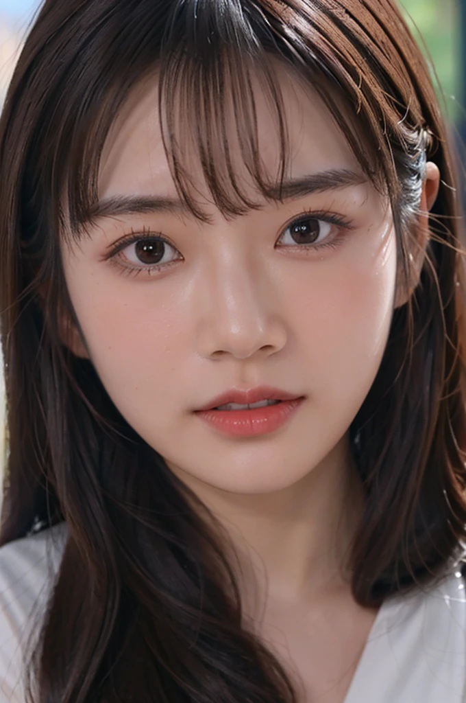 A photo portrait of a Japanese cute girl.beautiful.kawaiilike idol.brown long hair.Her bangs are parted and her forehead is exposed.symmetrical face.front facing.front facing.looking at camera. studio lighting, 8k. Dramatic, professional photography, UHD,photorealistic.35mmlens,f/1.8,