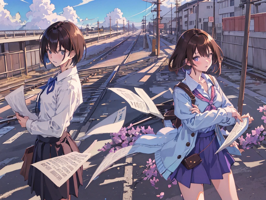 (masutepiece:1.2), Best Quality,pixiv,Fantastical,blue-sky,railroad crossing,
1girl in,1 boy, Black hair, Green eyes, Purple eyes, Boken, Skirt, Bangs, Holding, Short hair, Long sleeves, , Shirt, , White shirt, blush,, breasts,, Sweaters, hetero, Brown hair, alternate costume, paper