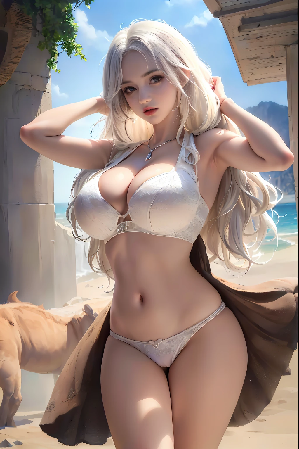 tmasterpiece, hyper-detailing, Complicated details, Beautifully meticulous, Colorful, (Glowing and radiant skin:1.3), (Unkheveled hair:1.2), detailedbackground, intricate background, A high resolution, Best quality, 1 busty girl,(whole body esbione,arms stretched wide, The color hair,Long gray hair, micro-curly hair,Unkheveled hair, view the viewer,Put your arms behind your head,Tiny micro bikini,Clear pubic hair, sexy for,Outdoor sports, (((Huge cleavage, The cleavage is larger, titmouse,Camel toes))), Perfect Finger, Perfect hands, Carmelto, (white skinned,Skin glows, Glowing and radiant skin), enchanting, sexy for, belly button only, cosmetics, golden, Colorful