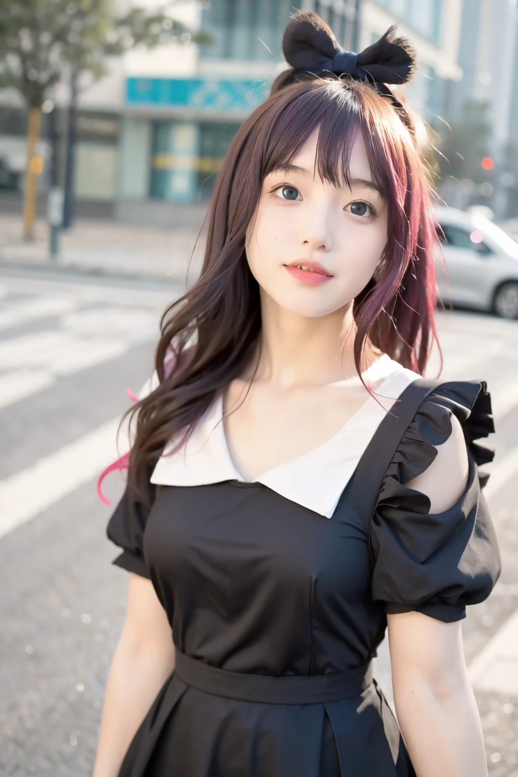 mix4, best quality, ultra high res, (photorealistic:1.4), 1girl,chika fujiwara, black bow, blue eyes, blunt bangs, hair bow, long hair, pink hair, black dress, dress, pinafore dress, school uniform, shirt, short sleeves, shuuchiin academy school uniform, white shirt, looking at viewer, full body shot, school background, realistic
