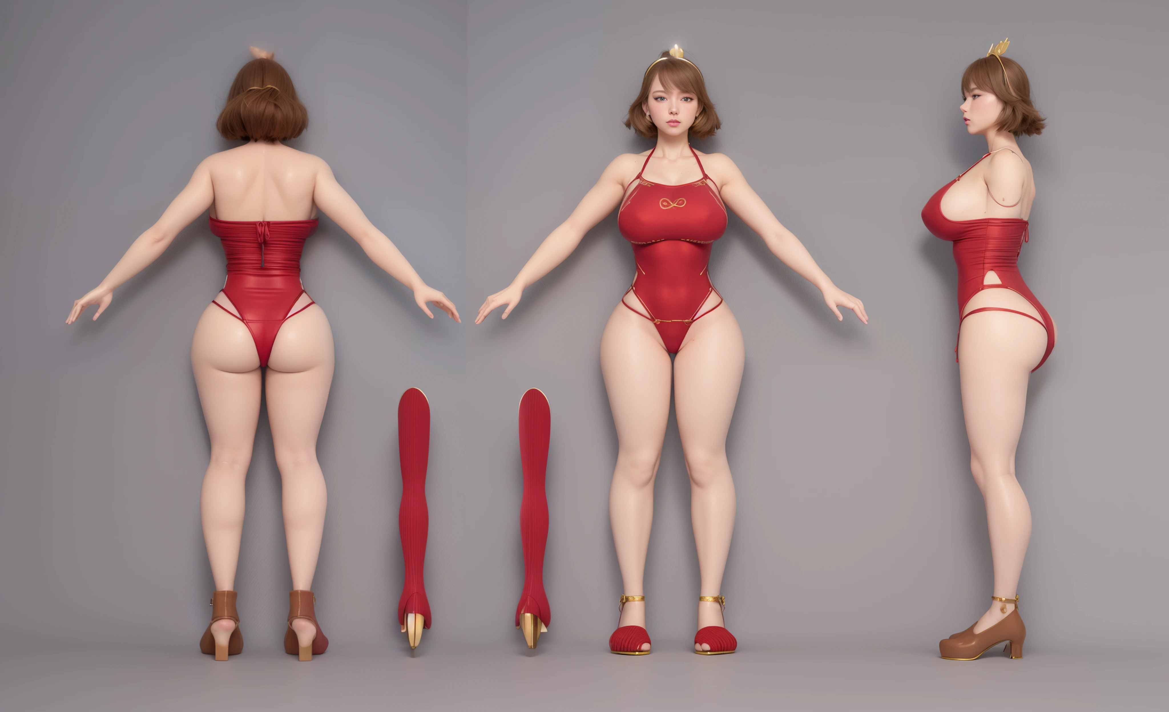 (Masterpiece, best quality: 1.2), (Super detailed), (Illustration), detailed face, a close up of a woman in an chinese fabric bodysuit, oppai proportions, butt proportions, whole body highly detailed, complete detailed body, realistically proportioned body, anime proportions, extra detailed body, realistic body proportions, realistic shaded perfect body, highly detailed body, detailed body, character sheet, character model sheet turnaround , fullbody shot turnaround, reference model sheet, full character body, 3 d character reference sheet, anime vtuber full body model, high quality model sheet, full body details, character design sheet, detailed full body concept, detail face, front and back, (( red fabric bodysuit bikini )), fabric tight bikini, G-string panties, red fabric bodysuit, red heel, gimp on chest, grey background, detailed bodysuit