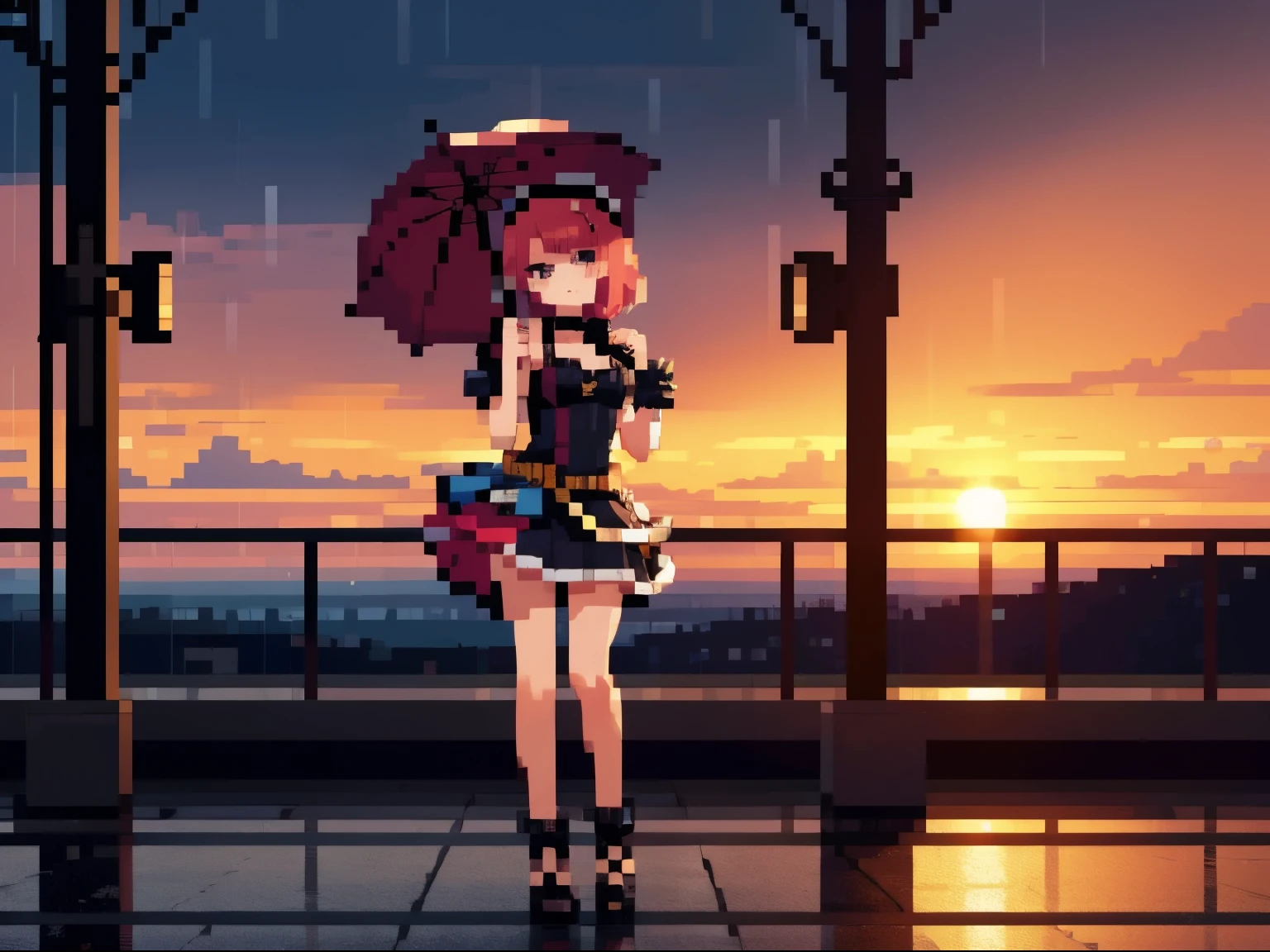 a idol take umbralla in rain, rain, sunset