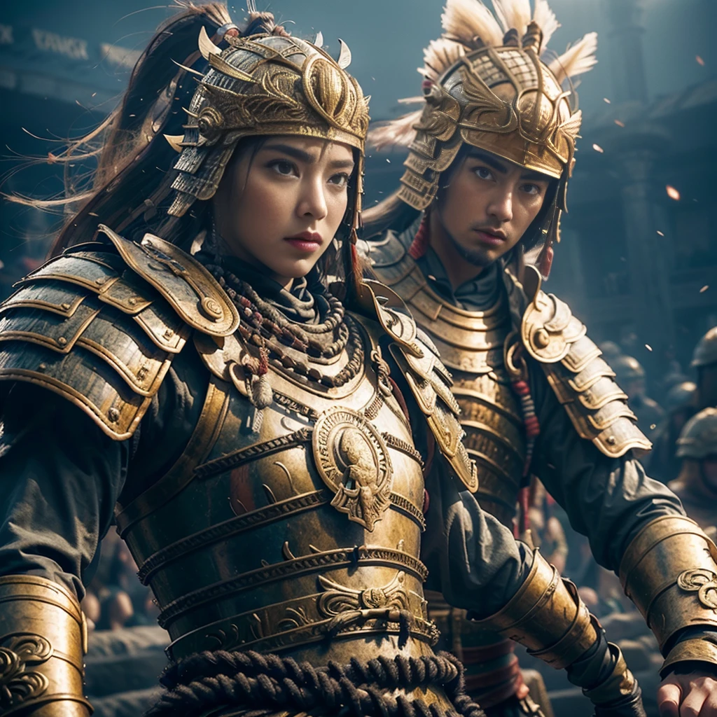 close up, young gladiatrix wearing scaled fighting in the arena. hyperrealistic gritty 8k 18+ dirty beautiful epic composition high resolution
