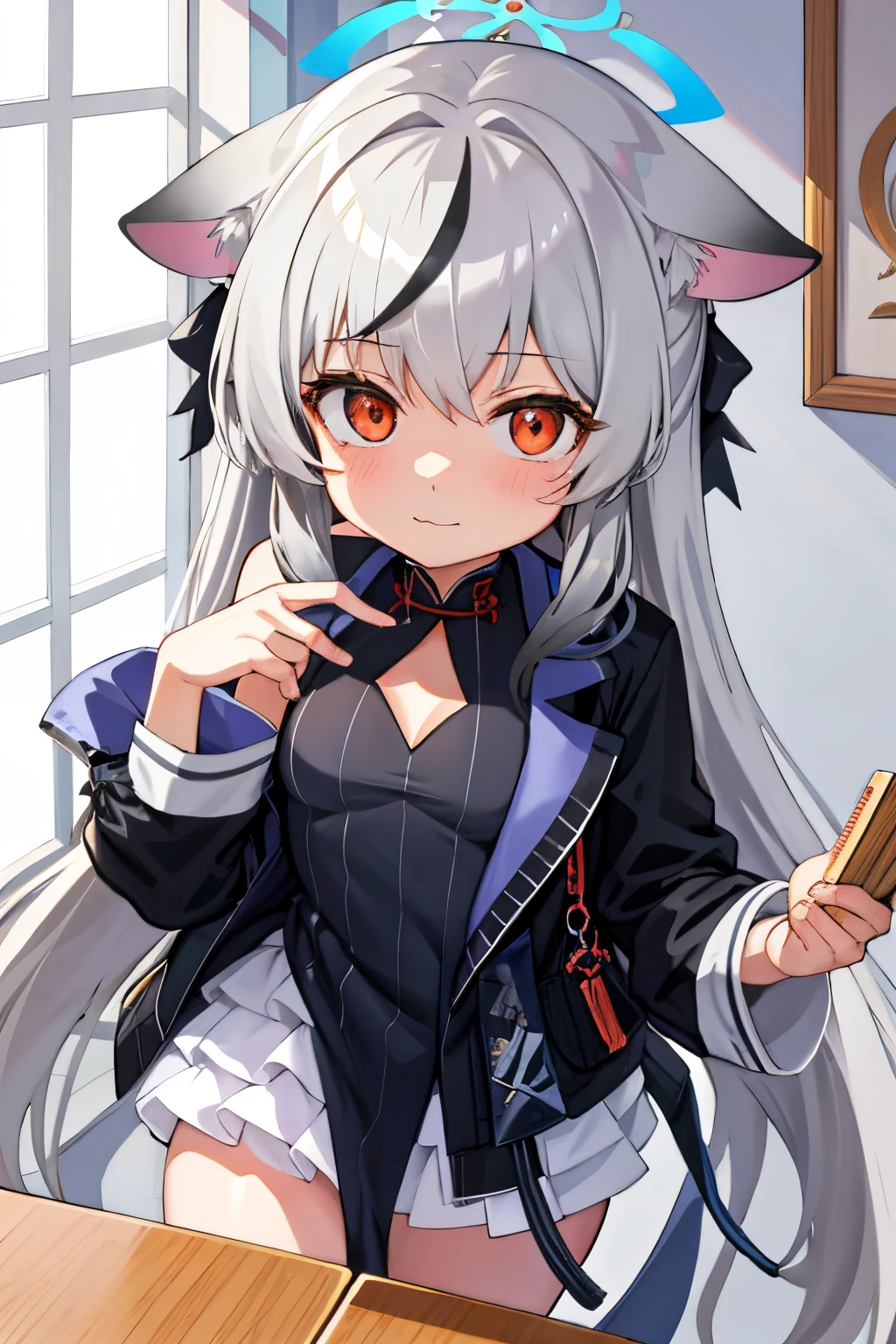 tmasterpiece, best qualtiy, ultra - detailed, 1girll,Gray hair Kokona, inside in room, orange eye, :3,the face, closeup cleavage