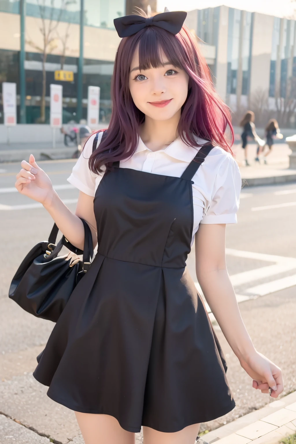 mix4, best quality, ultra high res, (photorealistic:1.4), 1girl,chika fujiwara, black bow, blue eyes, blunt bangs, hair bow, long hair, bold pink hair, black dress, dress, pinafore dress, school uniform, shirt, short sleeves, shuuchiin academy school uniform, white shirt, happy face, big smile, looking at viewer, full body shot, school background, realistic