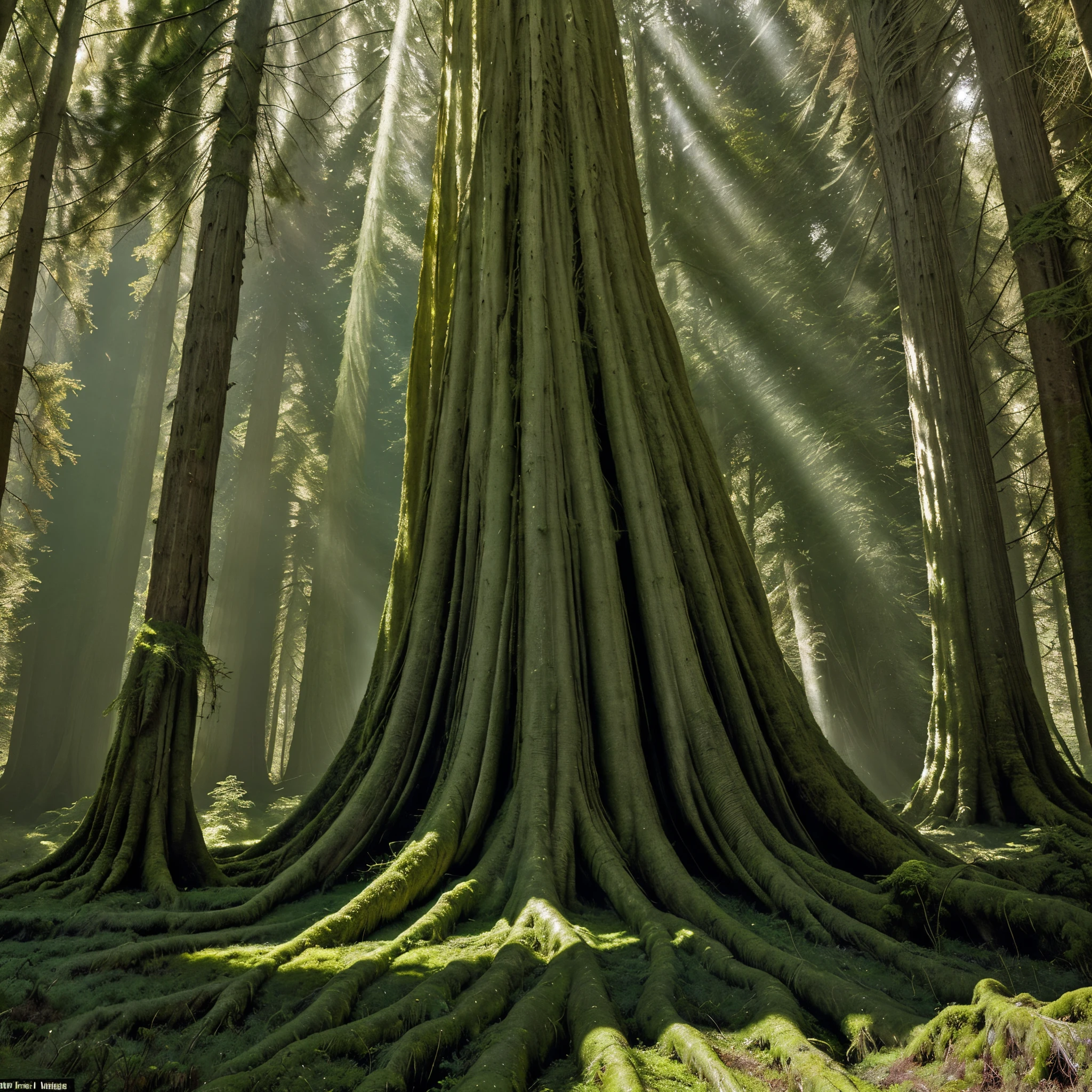 In a mesmerizing image reminiscent of an oil painting, towering old-growth forests dominate the landscape with their majesty and time-worn grandeur. The ancient giants stand tall, their thick trunks reaching towards the heavens, adorned with richly colored moss and lichen. Sunlight streams through the canopy, casting ethereal rays of gold upon the verdant floor below. Each tree boasts a storied history, their gnarled branches reaching out like ancient storytellers. This captivating depiction captures the essence of these ageless forests, inviting viewers to immerse themselves in the serene beauty and timeless wisdom of nature.