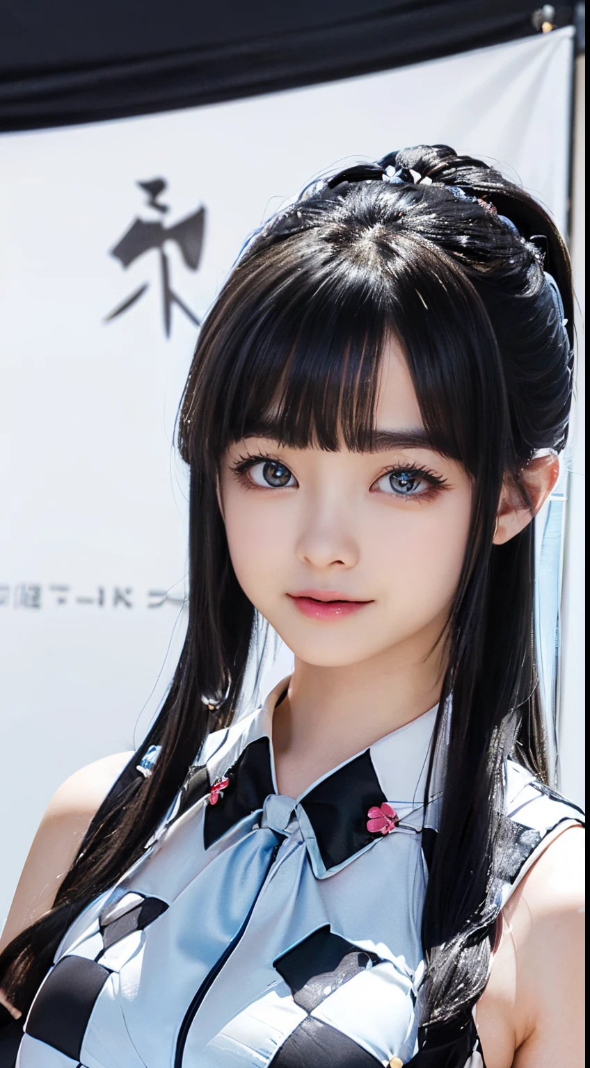 Hashimoto Kanna, ((16year old)), hair((wavy, black)), eyes((smart eyes, black)), clothes((satin, mini dress, ribbon trim, light blue, light blue)), accessories ((hair clip, checker, bracelet)), ponytail, ((gigantic breast)), Korean make-up look, happy, stage, spotlight, concert, smiling, smile expression, dancing,