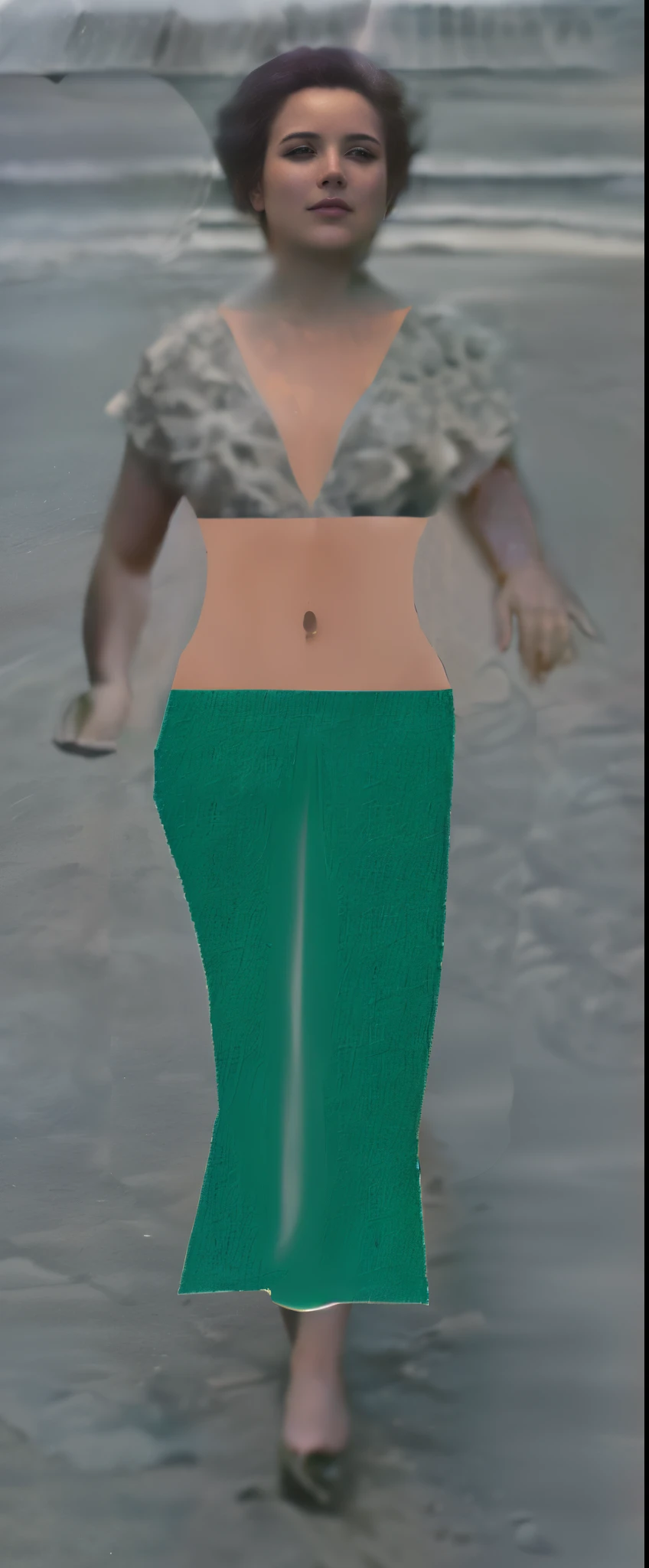 there is a woman walking on the beach with an umbrella, mermaid body, waist - shot, tinyest midriff ever, middle shot waist up, close up half body shot, hand on hips, visible belly, hand on hip, modeled in poser, mermaid in distance, zoomed out full body, exposed midriff, half body cropping, untextured