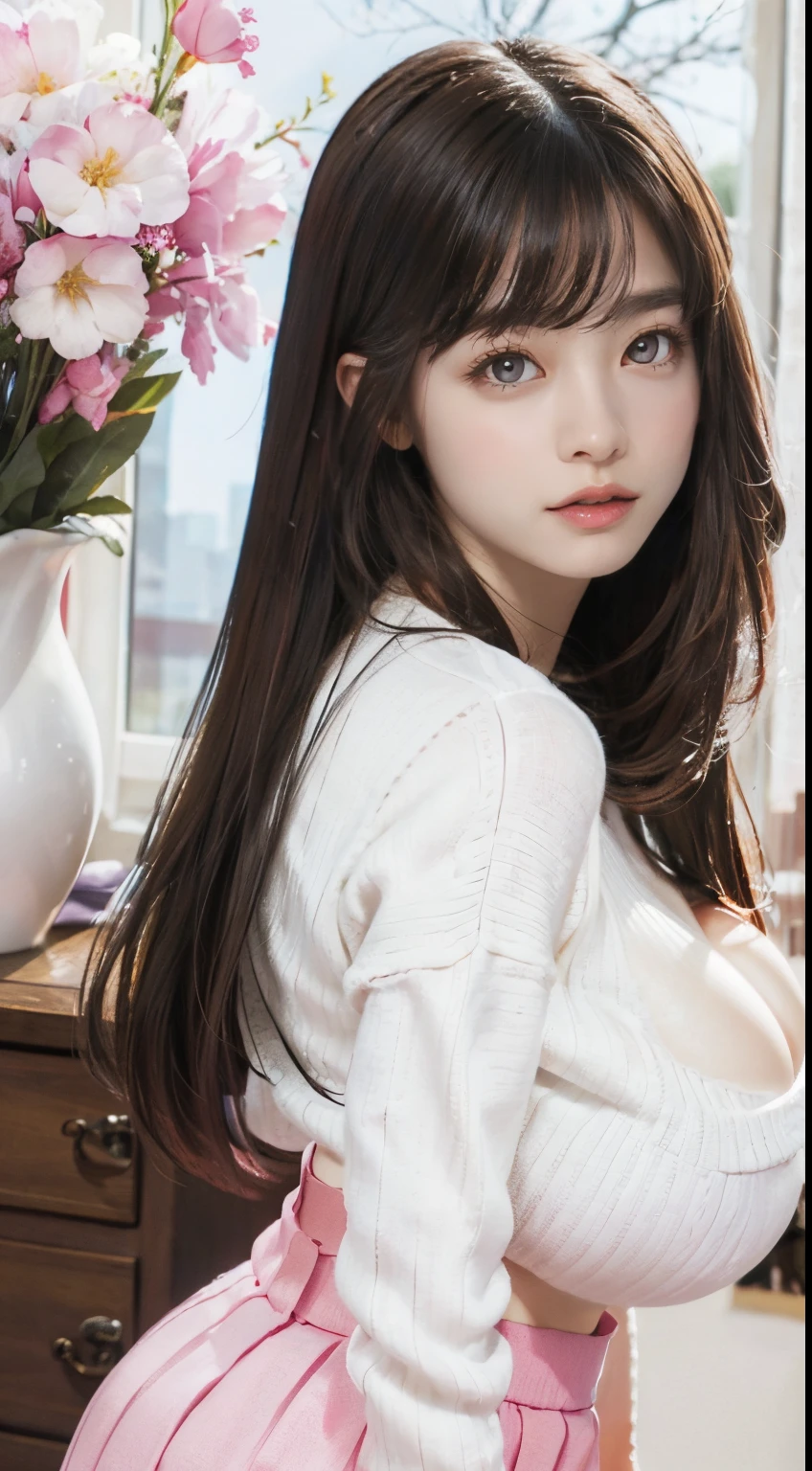 8K picture quality、The ultra -The high-definition、ultra-detailliert、masutepiece、portlate、White mesh、Beautiful long hair、shinny skin、Sweater with open chest、super giant breast、The chest is very plump、Tight skirt、Super big ass、T back、Korean Beauty、Very long lashes、lofty nose、luslous skin、A smile、Beautiful white teeth、The background is a room with lots of pink miscellaneous goods.