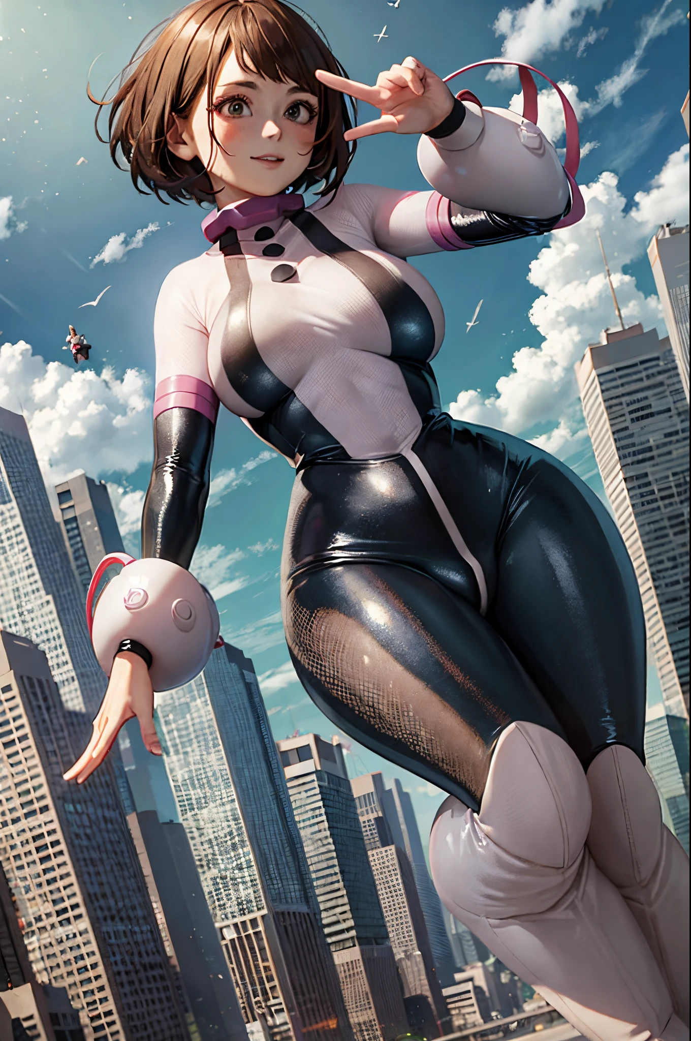 masterpiece, best quality, highres, hmochako, blush stickers, short hair, (((pixie cut 1.6))), huge breasts, superhero, bodysuit, boots, sky, building, mid air,  hand on hip, wide hips, thick thighs ((curvy)), latex suit, sexy, smile, sensual, (((mature female 1.5))), PBR textures, levitating, (((From Behind)))