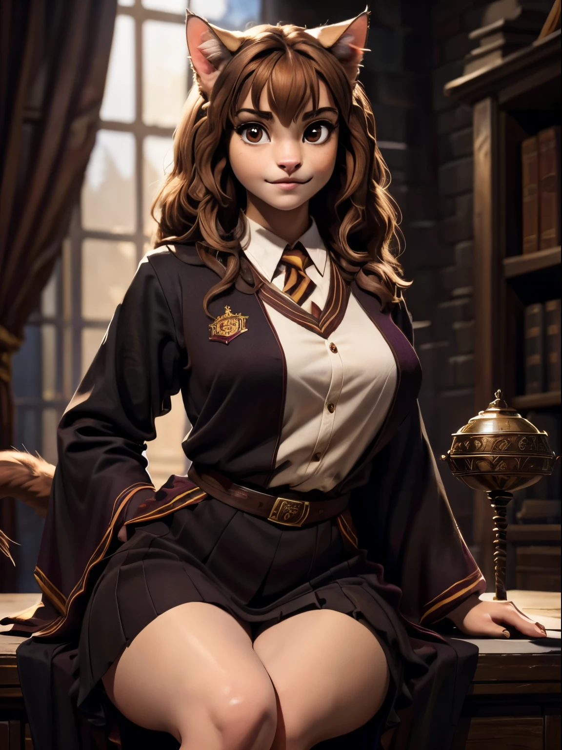 ((ultra quality)), ((tmasterpiece)), Hermione Granger cat, ((there are only cat ears)), ((there is a cat&#39;s tail in the back)) (brown-haired woman, hairlong), (Beautiful cute face), (beautiful female lips), Charming, (cat nose), ((seductive expression)), is looking at the camera, eyes are slightly closed, ((skin color brown)), Body glare, ((detailed beautiful female eyes)), ((dark brown eyes)), (juicy female lips), (beautiful female hands), ((perfect female figure)), perfect female body, Beautiful waist, black claws, gorgeous big thighs, beautiful breasts, ((Subtle and beautiful)), sitting seductively by the magic cauldron, (Hogwarts school uniform, Gryffindor robe), background: Hogwarts women&#39;s toilet, ((Depth of field)), ((high quality clear image)), (crisp details), ((higly detailed)), Realistic, Professional Photo Session, ((Clear Focus)), the anime