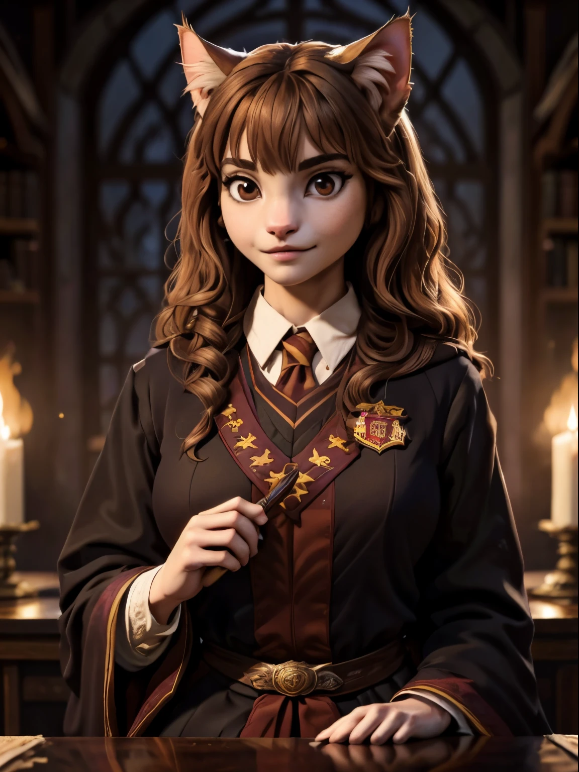 ((ultra quality)), ((tmasterpiece)), Hermione Granger cat, ((there are only cat ears)), ((there is a cat&#39;s tail in the back)) (brown-haired woman, hairlong), (Beautiful cute face), (beautiful female lips), Charming, (cat nose), ((seductive expression)), is looking at the camera, eyes are slightly closed, ((skin color brown)), Body glare, ((detailed beautiful female eyes)), ((dark brown eyes)), (juicy female lips), (beautiful female hands), ((perfect female figure)), perfect female body, Beautiful waist, black claws, gorgeous big thighs, beautiful breasts, ((Subtle and beautiful)), seductively sits (closeup face), (Hogwarts school uniform, Gryffindor robe), background: Hogwarts women&#39;s toilet, ((Depth of field)), ((high quality clear image)), (crisp details), ((higly detailed)), Realistic, Professional Photo Session, ((Clear Focus)), the anime