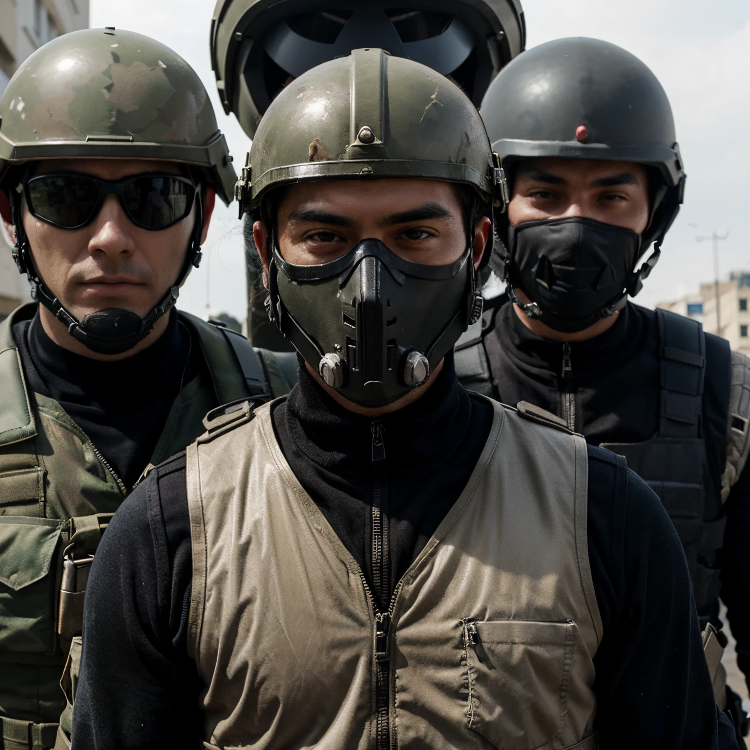 Guy with military vest and helmet and mask with two men behind him without helmets