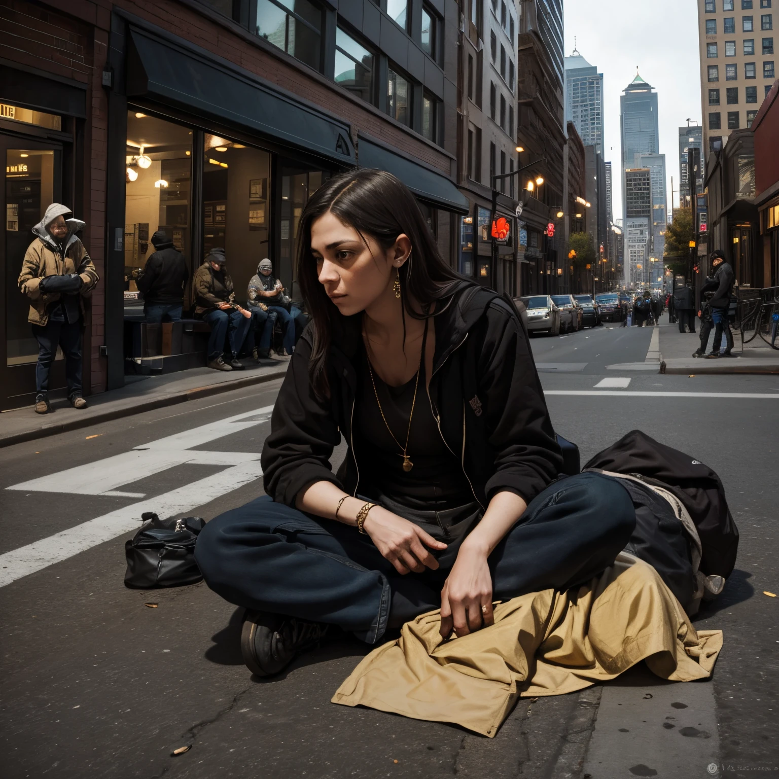 Allie in downtown Seattle with homeless population doing their daily thing in the style of Caravaggio with gold and dark tones