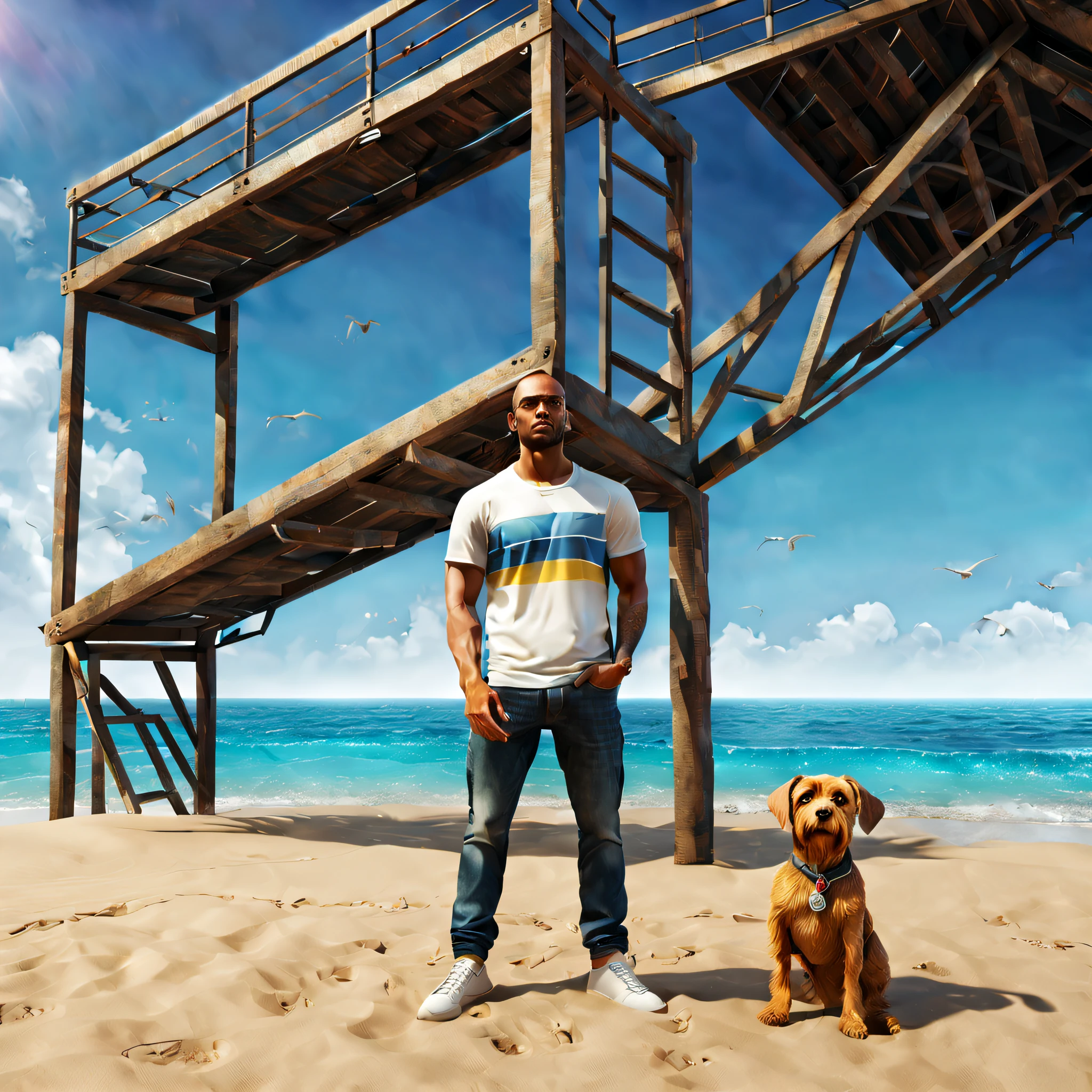 "Masterpiece in maximum 16K resolution, with a style that mixes realistic illustration and CGI art in '3D render', inspired by 'GTA V' wallpapers. | On a sunny beach, a man and E.T. play football in an immersive scene. The sun reflects off the golden sand, and the blue sea stretches to the horizon. | The composition highlights the game's action, capturing realistic details in the characters' facial expressions. Lens flares add dynamic lighting effects, inspired by on Grand Theft Auto wallpapers, creating a unique atmosphere. | Elements of realistic illustration and CGI art in '3D render' mix, bringing a graphic style inspired by graphic novels. Solarized printing and realistic impressionism techniques are incorporated, providing a unique visual aesthetic. | Using Vray tracking for photorealistic quality, this scene transforms into an official, dynamic and action-packed work. | Immersive scene with man and E.T. playing football on the beach, mixing realistic illustration and CGI art in '3D render', inspired by 'GTA V' wallpapers."(perfect_pose), They are adopting a ((dynamic_pose as interactions, boldly leaning on a large structure, leaning back in a dynamic way):1.3), perfect_hands, perfect_fingers, perfect_legs, better_hands, ((full body)), more_detail".