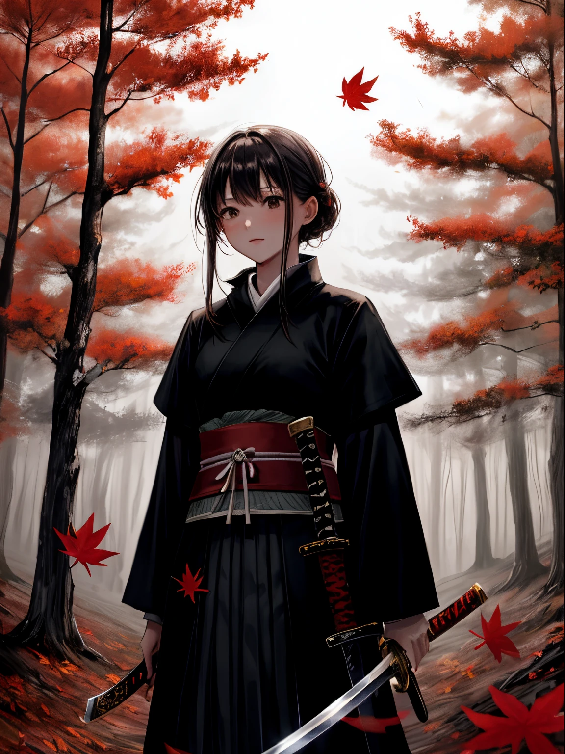night dark wood forest background, windy, red and orange leaves, leaves flying around, some leaves blurred, scattered leaves , a girl in black and white samurai dress standing head down with a sword, nightscape