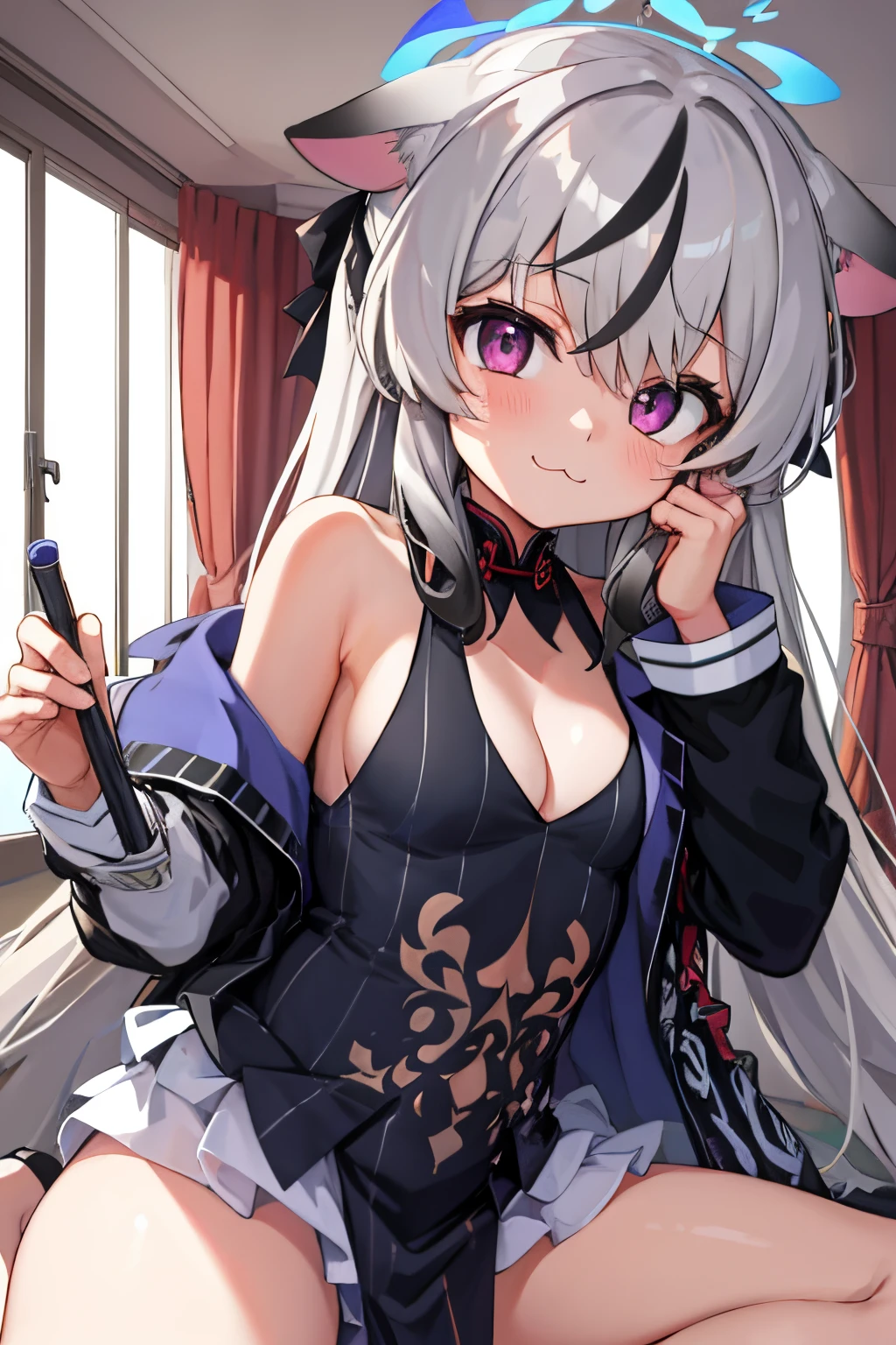 tmasterpiece， best qualtiy， ultra - detailed， 1girll，Gray hair Kokona， inside in room， Purple eye， ：3，the face， closeup cleavage