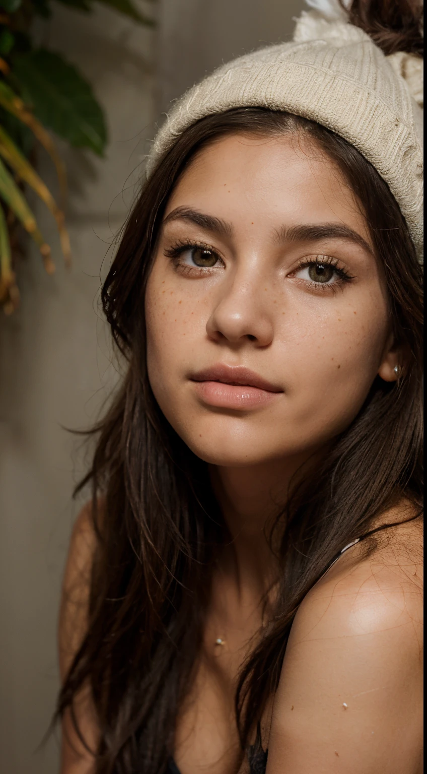 Una joven de estatura media, con ojos almendrados de un color verde esmeralda intenso. Su cabello es largo, smooth and dark brown with subtle streaks of golden reflections. She has freckles scattered across her cheeks and a small scar on the left corner of her mouth.. Sus labios son naturalmente gruesos y tienen un tono rosado suave. La forma de su rostro es ovalada, with slightly prominent cheekbones. His skin complexion is light, con un toque de rubor natural en las mejillas. Su nariz es recta y delicada. El estilo de su vestimenta es casual y bohemio, con accesorios minimalistas que resaltan su personalidad creativa y relajada.
