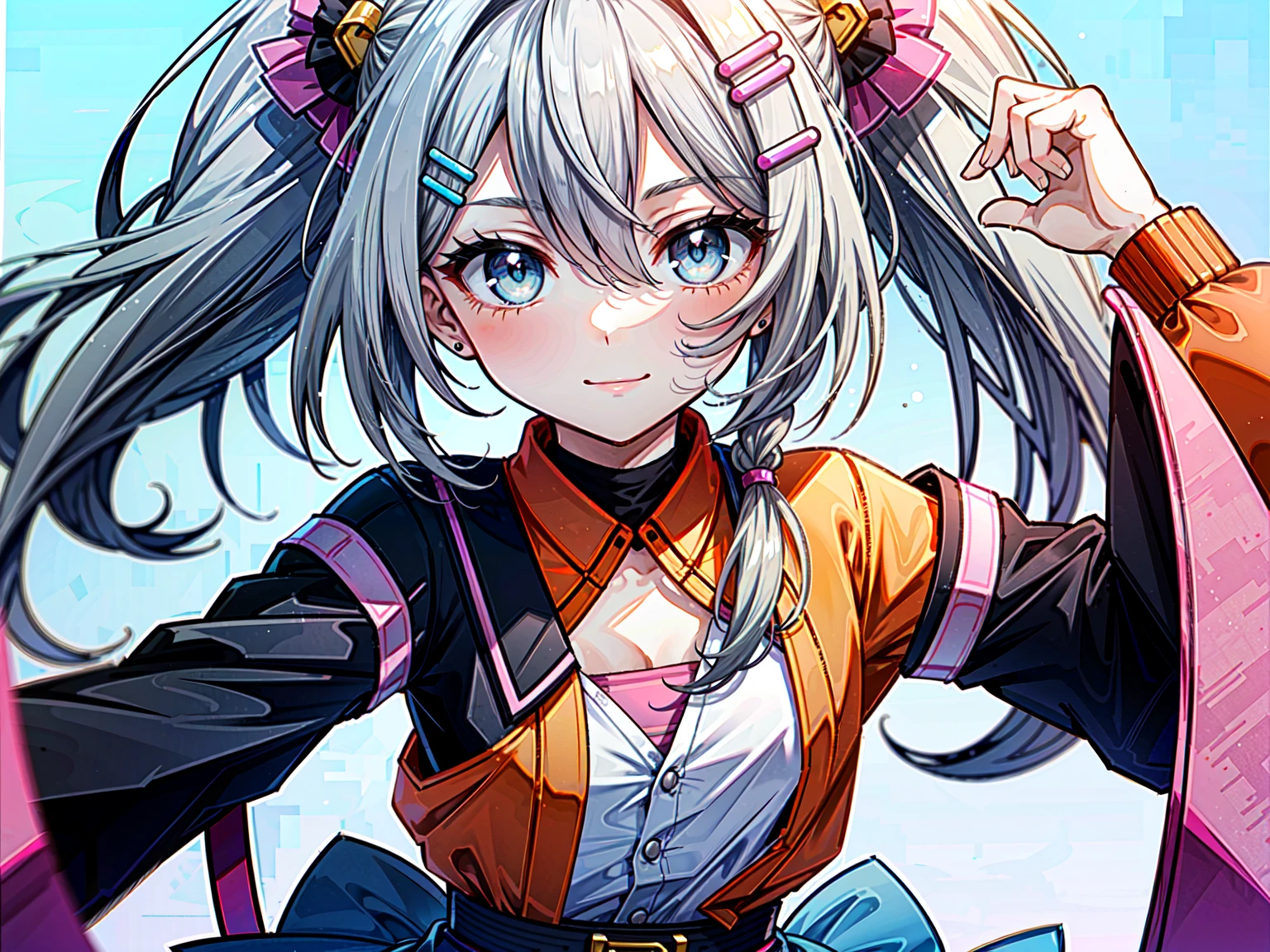 1girl, (solo:1.6), female focus, female, girl, masterpiece, best quality, high quality, (gray hair color:1.3), a cute girl posing, long hair, wavy hair, hair between the eyes, (low pigtails:1.25), (blue eye color:1.3), looking at viewer, flatchested, shut up, closed mouth, light smile, smile, smiling, (light blue shirt:1.3), (orange and pink haori, orange and pink jacket, orange and pink hip-length jacket:1.5), (blue hairclips, light blue skirt, purple belt:1.75), thin body, (tan skin:1.5), colored skin, (white background:1.65), (upperbody, half-body adaptable, upper-body, head, chest, close-up, character in frame:1.5), perfect hands, ((middle-centered)), (wallpaper:1.85)