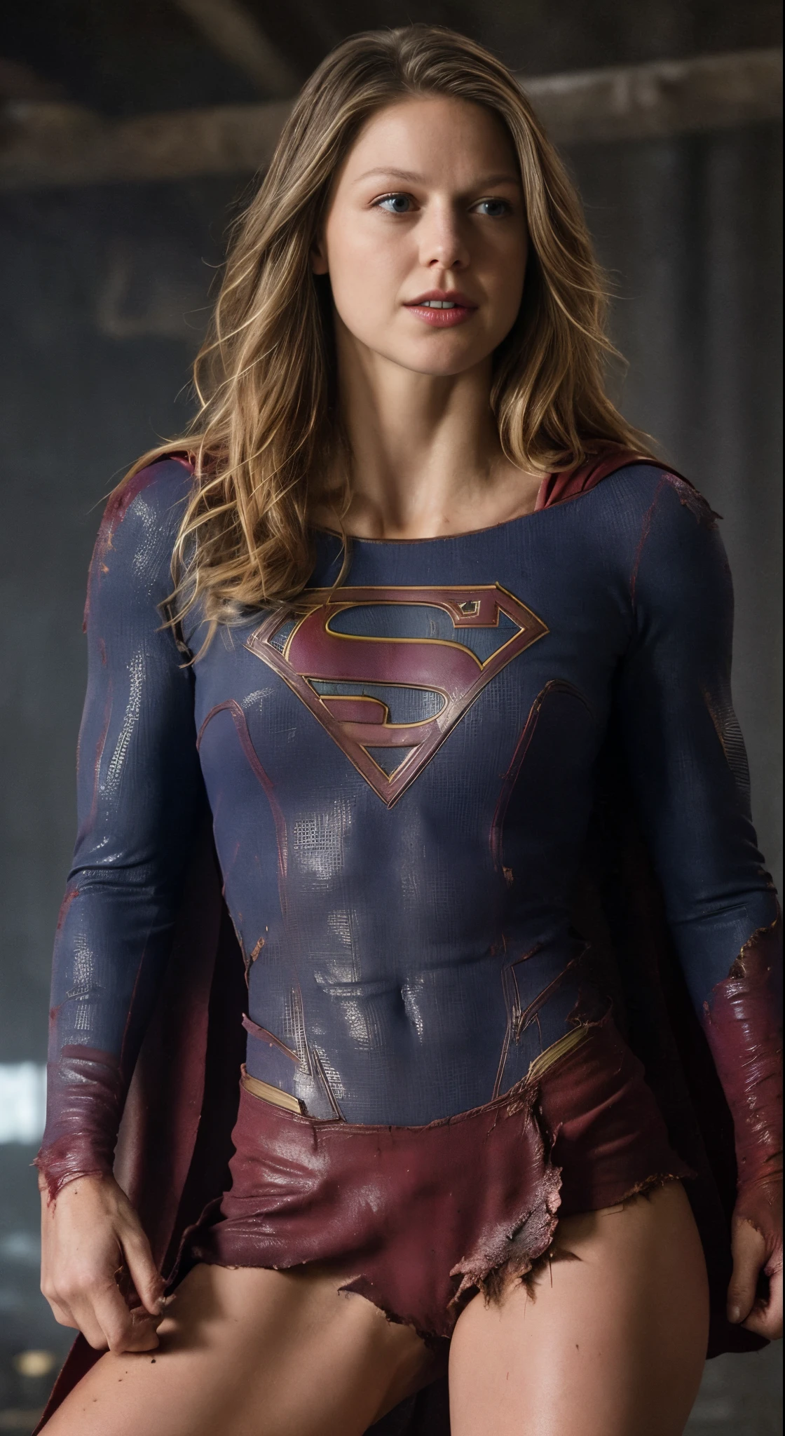 (photo of  Melissa Benoist  ) ( tall woman, sexy, (random photo, full body shot) tall figure ) [detailed sexy skin texture, attractive texture, detailed  environment, stunning sexy woman] ( supergirl, (bruise, dirty, torn clothes, blood:1.3), blue eyes, blonde hair, long hair, ripped cape, superhero, solo, sun, blue sky, (cinematic light), clear line, sharp focus, realistic face, detailed face) (hyper photorealistic detailed environment, dark atmosphere) (detailed textures) (( perfect body parts, detailed facial features, (ultra realistic) ( low cocontrast) 85mm, 100mm lens ))