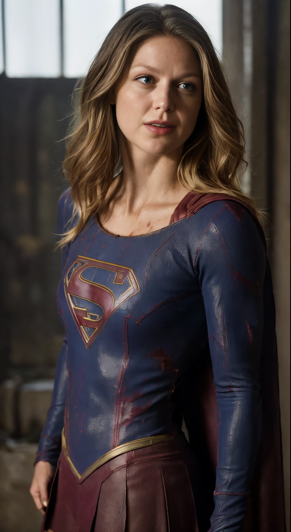 (photo of  Melissa Benoist  ) ( tall woman, sexy, (random photo, full body shot) tall figure ) [detailed sexy skin texture, attractive texture, detailed  environment, stunning sexy woman] ( supergirl, (bruise, dirty, torn clothes, blood:1.3), blue eyes, blonde hair, long hair, ripped cape, superhero, solo, sun, blue sky, (cinematic light), clear line, sharp focus, realistic face, detailed face) (hyper photorealistic detailed environment, dark atmosphere) (detailed textures) (( perfect body parts, detailed facial features, (ultra realistic) ( low cocontrast) 85mm, 100mm lens ))
