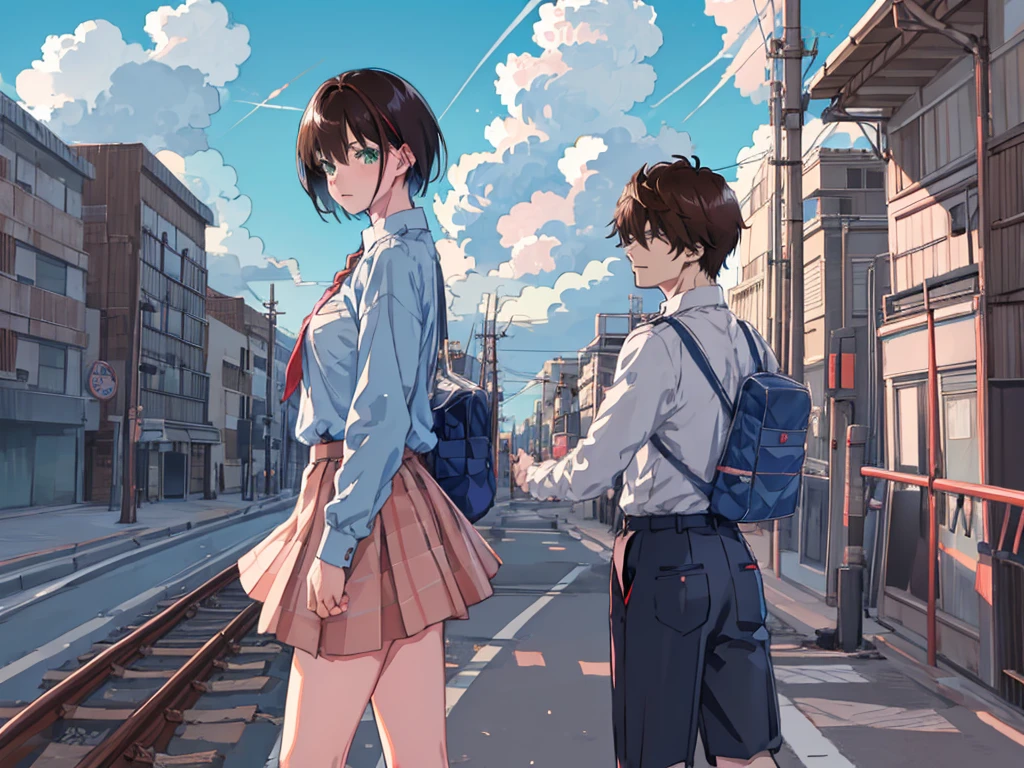 (masutepiece:1.2), Best Quality,pixiv,Fantastical,blue-sky,railroad crossing, 1girl in,(1 boy),blazers,2 people in uniform,Black hair, Green eyes, Boken, Skirt, Bangs, Holding, Short hair, Long sleeves, , Shirt, , White shirt, blush,, breasts,, Sweaters, hetero, Brown hair, alternate costume
