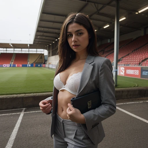 Inside Slough Town FC stadium, where you can see the grass, An English woman in her 20s wearing a white bra and a modern charcoal black suit, holding a briefcase and showing only her upper body..
