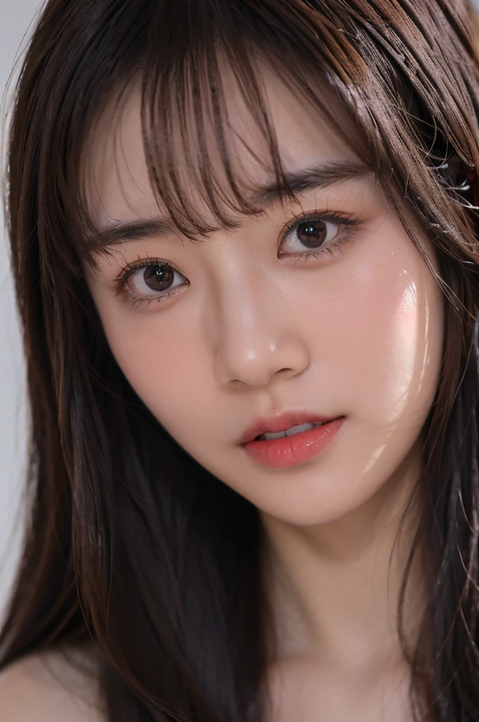 A photo portrait of a Japanese cute girl.beautiful.kawaii,like a model.brown long hair.Her bangs are parted and her forehead is exposed.symmetrical face.front facing.front facing.looking at camera. studio lighting, 8k. Dramatic, professional photography, UHD,photorealistic.35mmlens,f/1.8,