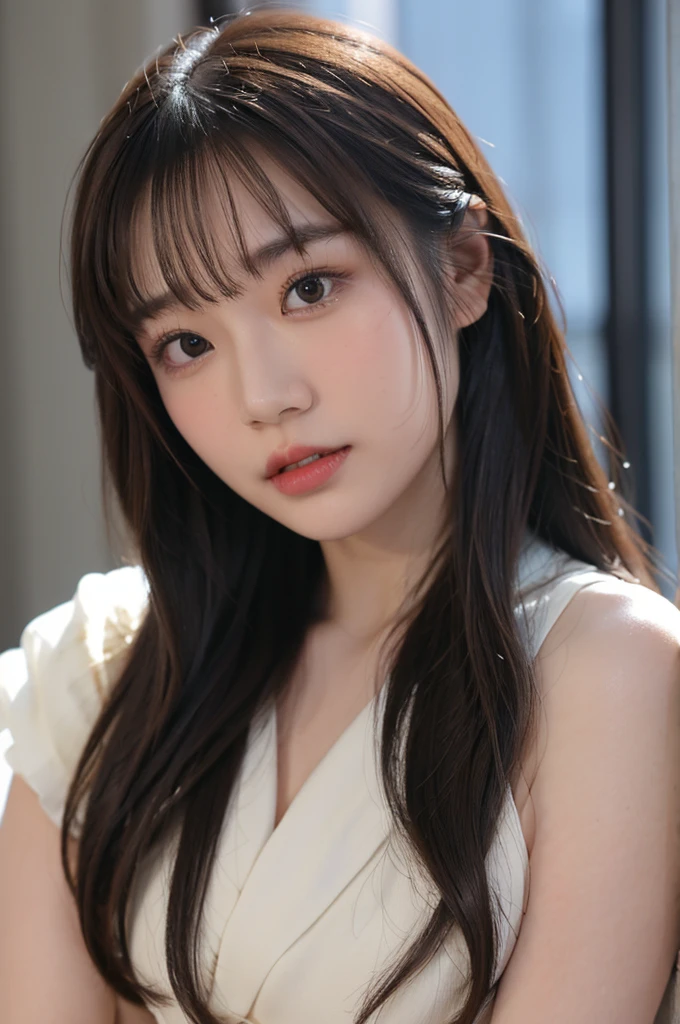 A photo portrait of a Japanese cute girl.beautiful.kawaii,like a model.brown long hair.Her bangs are parted and her forehead is exposed.symmetrical face.front facing.front facing.looking at camera. studio lighting, 8k. Dramatic, professional photography, UHD,photorealistic.35mmlens,f/1.8,