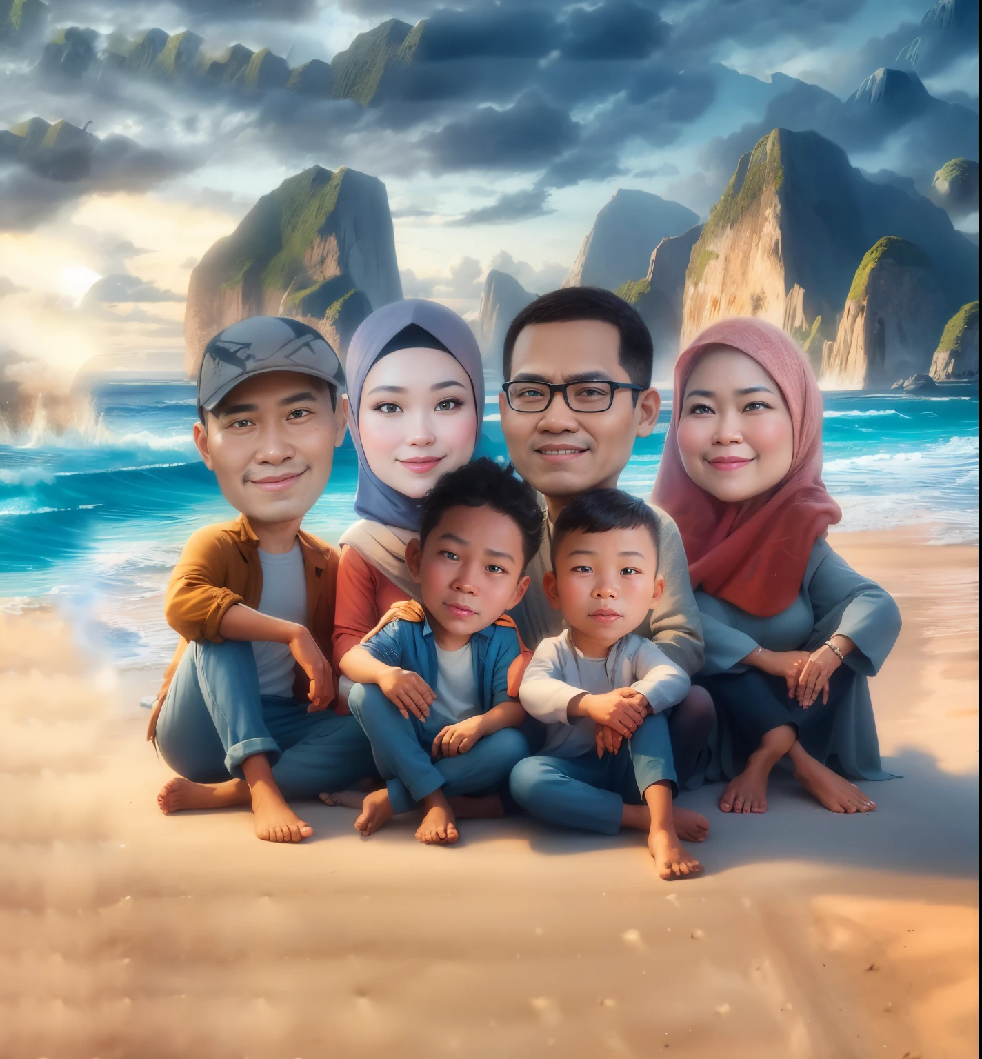 there are a group of people sitting on the beach together, an indonesian family portrait, barong family, happy family, in cartoon style, family, potrait, realistic cartoon, family portrait, realism artstyle, caricature illustration, cartoon art, cartoon digital art, digital art cartoon, photorealistic!!!!!!! art style, by Abidin Dino, cartoon artstyle