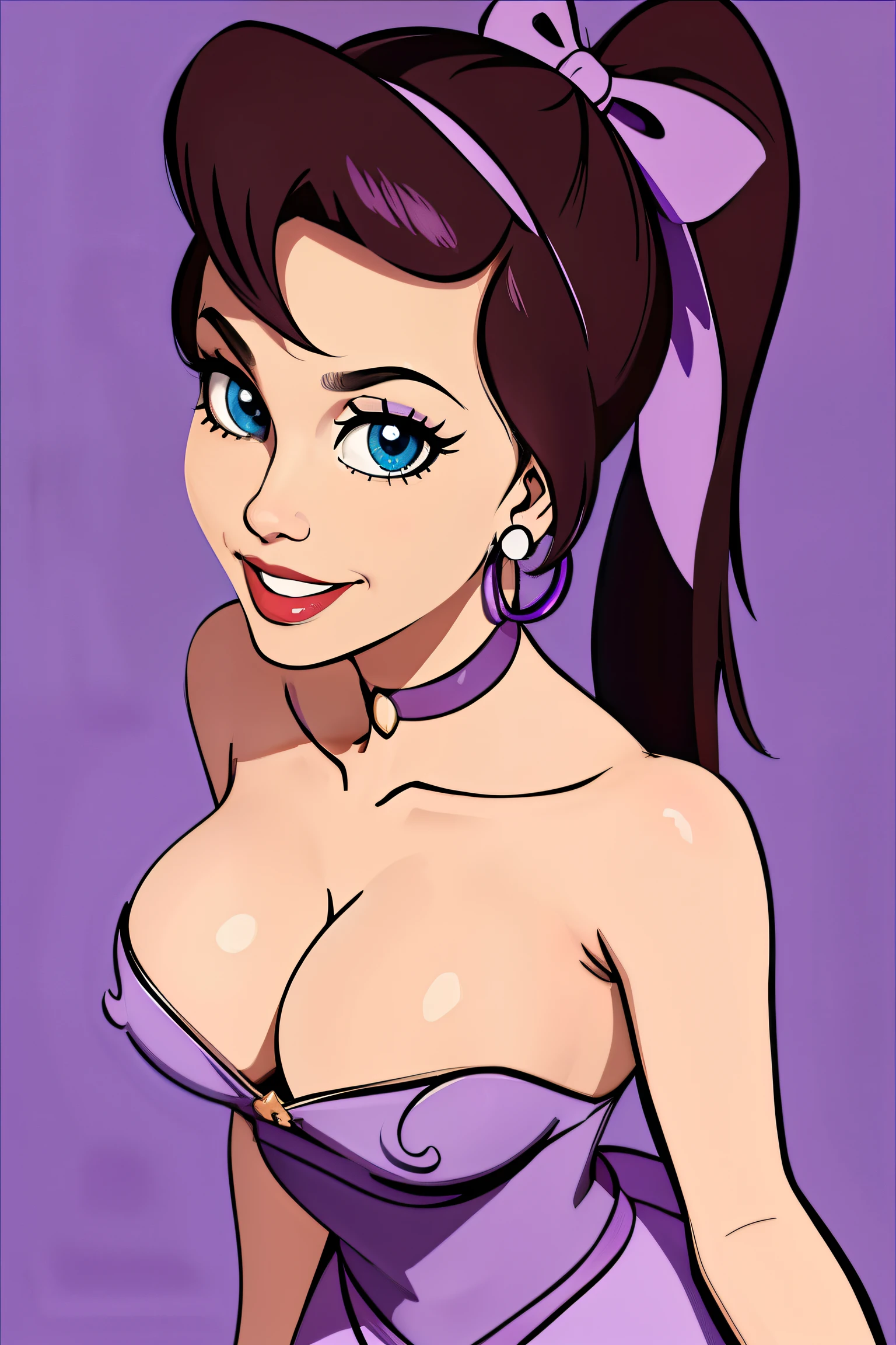 PrincessClara, blue eyes, solo,  smiling,   from above,  ponytail, 
topless, busty breasts,hoop earrings, choker, purple heels, hair ribbon,
cowboy shot,      standing, 
night club, 
 (insanely detailed, beautiful detailed face, masterpiece, best quality)