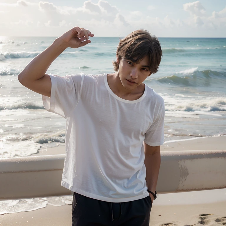 kim taehyung cabelo low fade, surfista molhado, suado, em dia ensolarado em praia brasileira