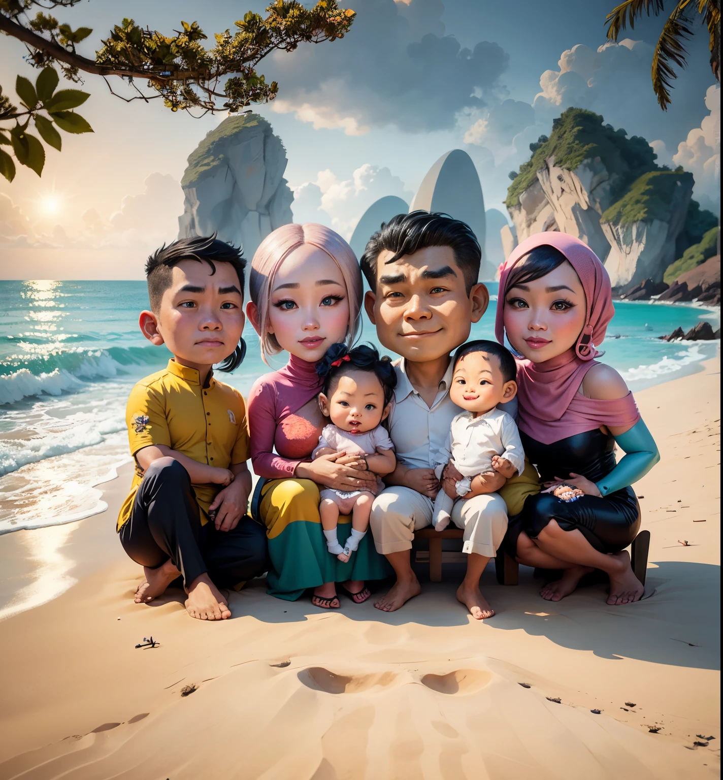 there are a group of people sitting on the beach together, an indonesian family portrait, barong family, happy family, in cartoon style, family, potrait, realistic cartoon, family portrait, realism artstyle, caricature illustration, cartoon art, cartoon digital art, digital art cartoon, photorealistic!!!!!!! art style, by Abidin Dino, cartoon artstyle