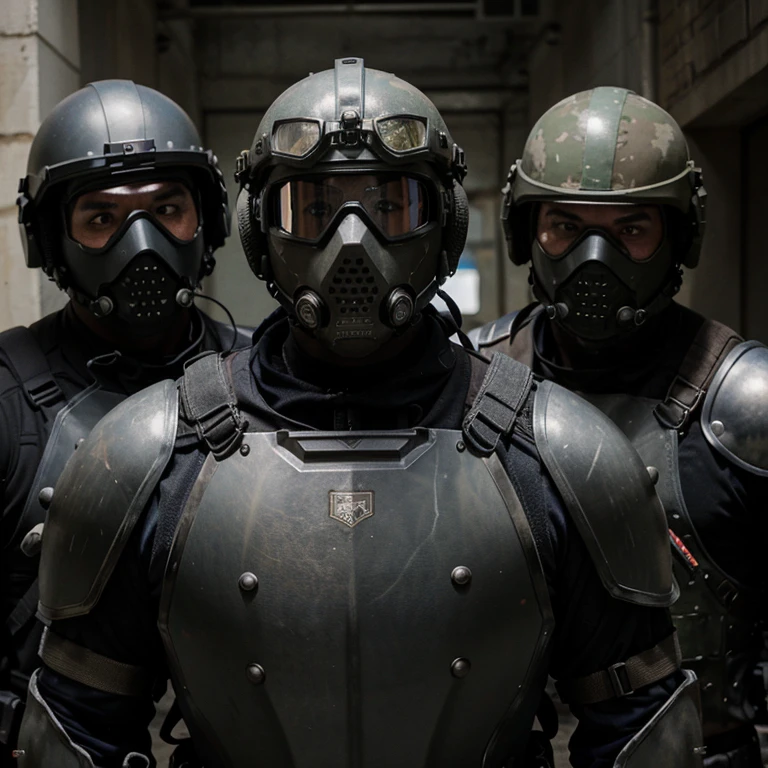 Man heavily armored with military grade gear with goggles, a mask, and a helmet on with two guys behind him