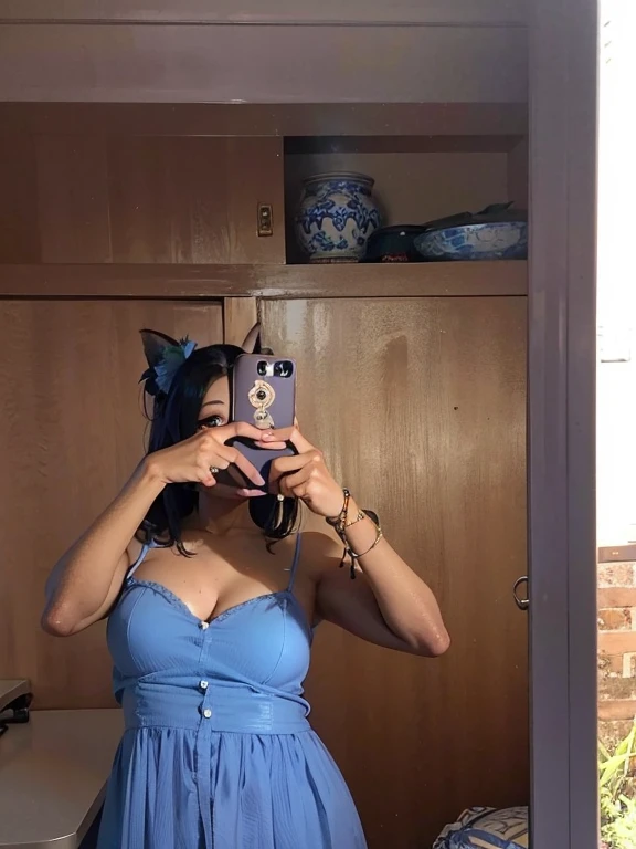 Arafed woman taking a selfie in a mirror wearing a blue dress, Foto de baja calidad, foto del atuendo, selfie en espejo, vestido azul, Traje azul, con vestido azul, low quality photograph, imagen de muy muy muy baja calidad, taken on a 2010s camera, Un azul ) and huge bat ears, 😭 🤮 💕 🎀, Weird camera angle