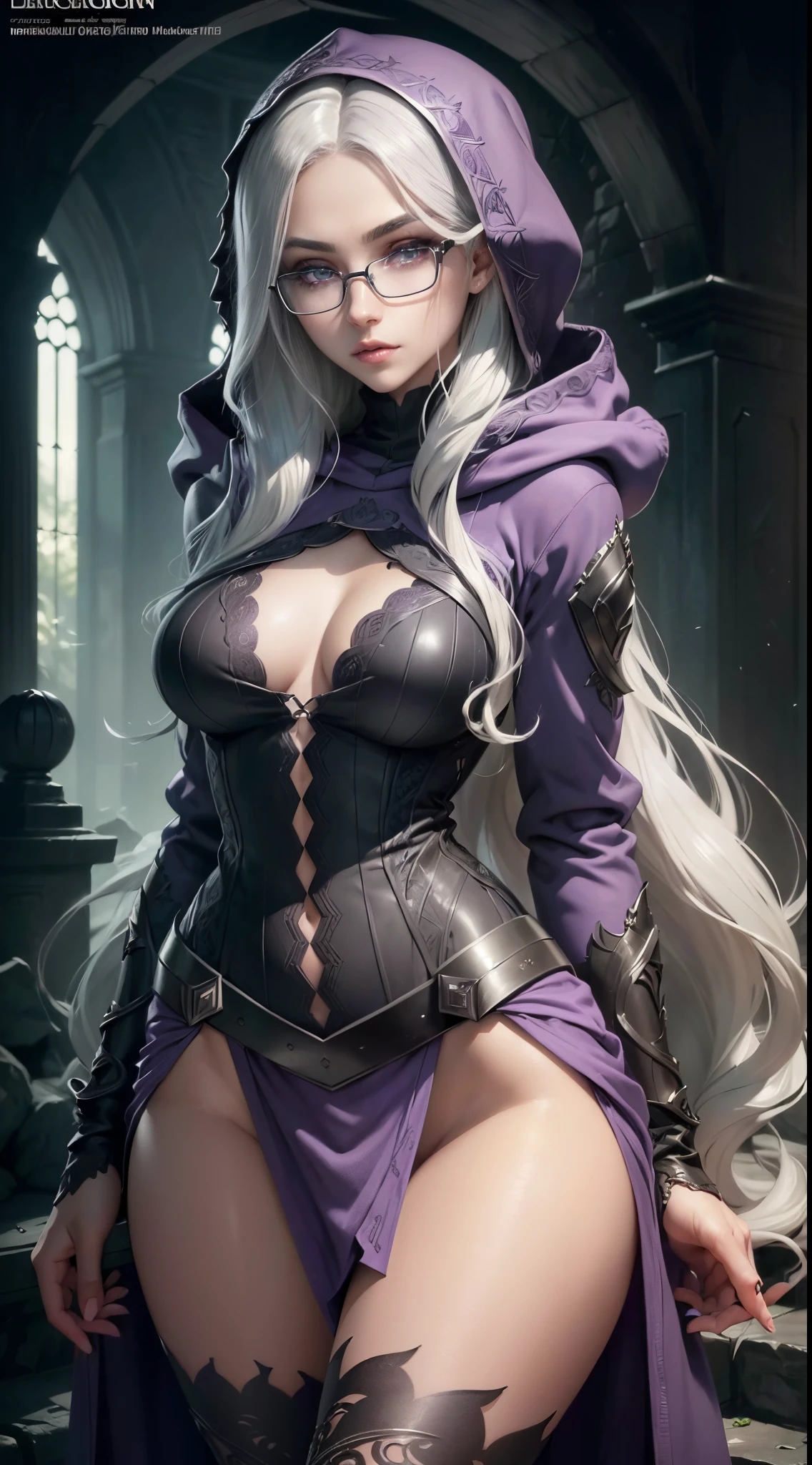 (masterpiece), 1girl, best quality, perfect face, erotic expression, beautiful 19yo Elf teen, white hair, ((purple eyes)), glasses ((big eyes)), Lady, (dark makeup),((Scanty clothes)) ((Wavy hair)) ((Long hair)), (skirt), slender well toned body, hot, ((Long sleeves)), ((gray hooded sweater)) black stockings, fishnet, (perfect breasts 0.8), (greyish green skin)
high quality,best quality, 8k_wallpaper,extremely detailed eyes,extremely detailed body,extremely detailed finger, (large masterpiece digital art), (detailed manga illustration), (detailed line art), ((perfect)) anatomy, best hands)), (intricate details:1.3), (ultra-detailed:1.3), (illustration:1.3), (sharp focus:1.3), (natural lighting:1.05), (vivid colors:1.3), fantasy dungeon environment,