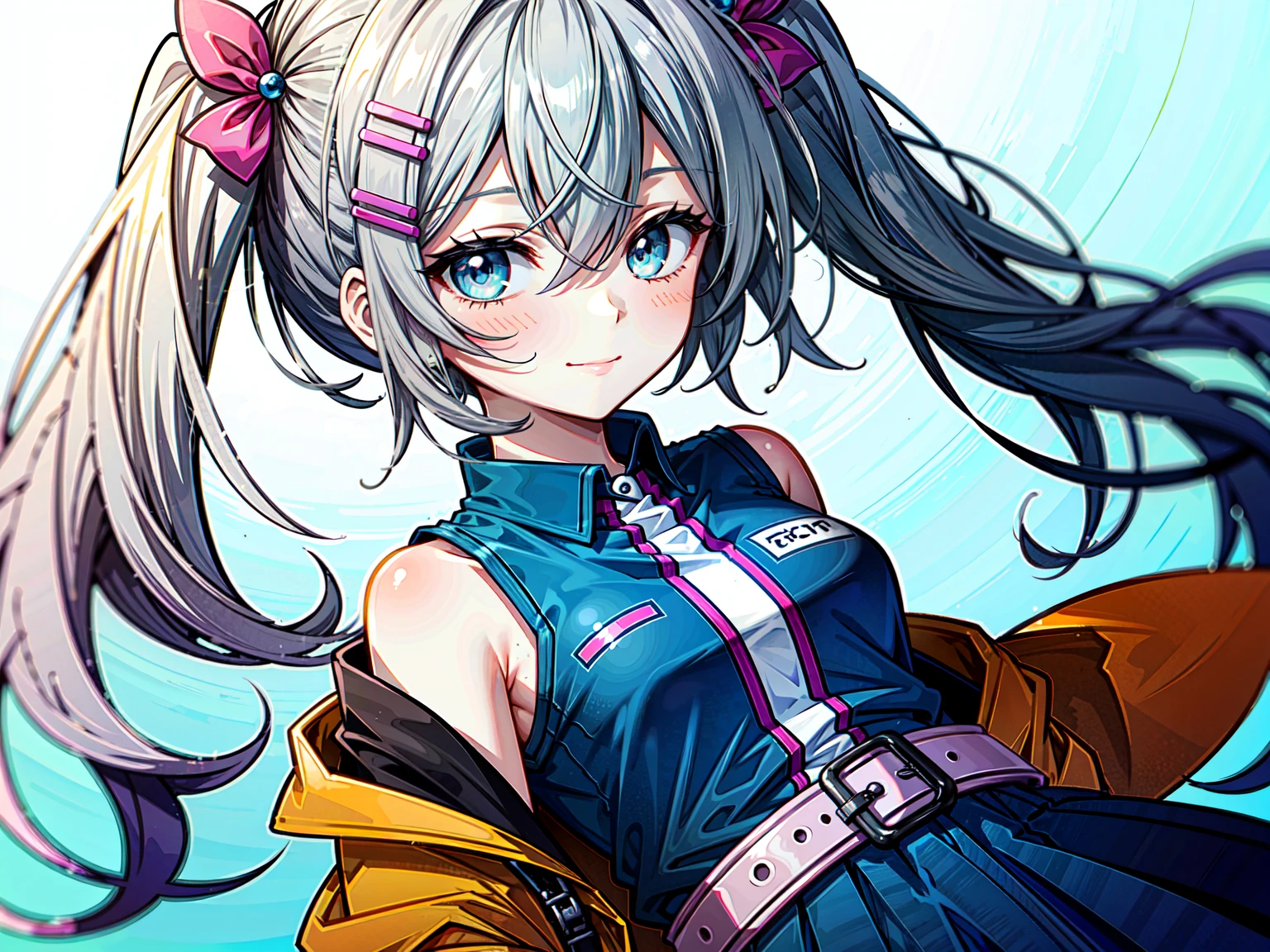 1girl, (solo:1.6), female focus, female, girl, masterpiece, best quality, high quality, (gray hair color:1.3), a cute girl posing, long hair, wavy hair, hair between the eyes, (low pigtails:1.25), (blue eye color:1.3), looking at viewer, flatchested, shut up, closed mouth, light smile, smile, smiling, (light blue shirt:1.3), (orange and pink haori, orange and pink jacket, orange and pink hip-length jacket:1.5), (blue hairclips, light blue skirt, purple belt:1.75), thin body, (tan skin:1.5), colored skin, (white background:1.65), (upperbody, half-body adaptable, upper-body, head, chest, close-up, character in frame:1.5), perfect hands, ((middle-centered)), (wallpaper:1.85), [[soft artstyle]]