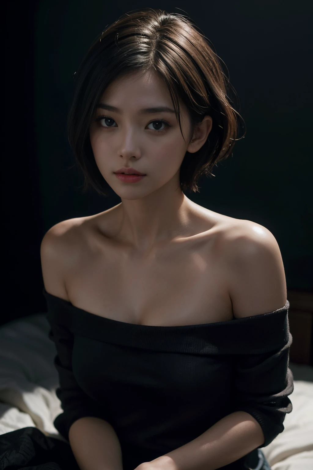 Best Quality, masutepiece, 超A high resolution, (Photorealistic:1.5), Raw photo, 1girl in, off shoulders, In the Dark, deepshadow, lowkey, cold light, Sexy look, Short hair,